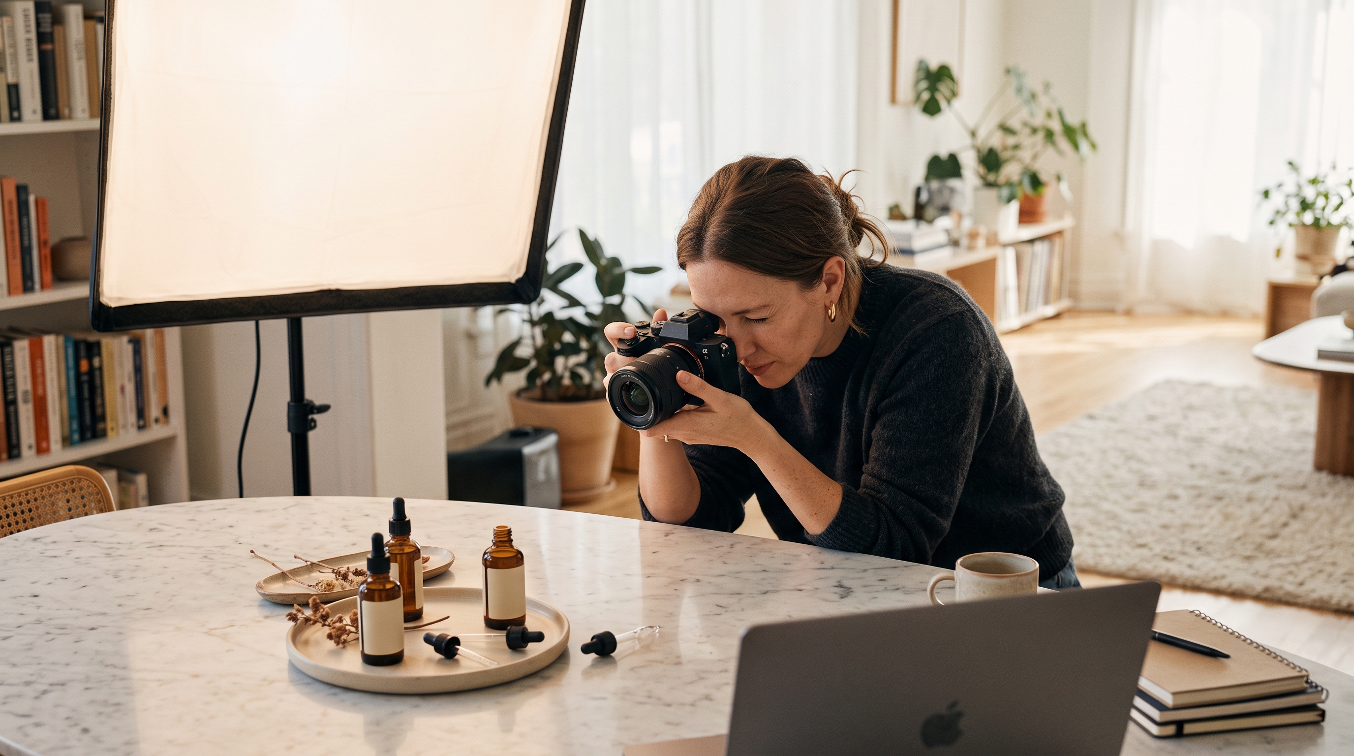 Skincare brand founder photographing serum bottles on a marble table under a softbox light in a home studio
