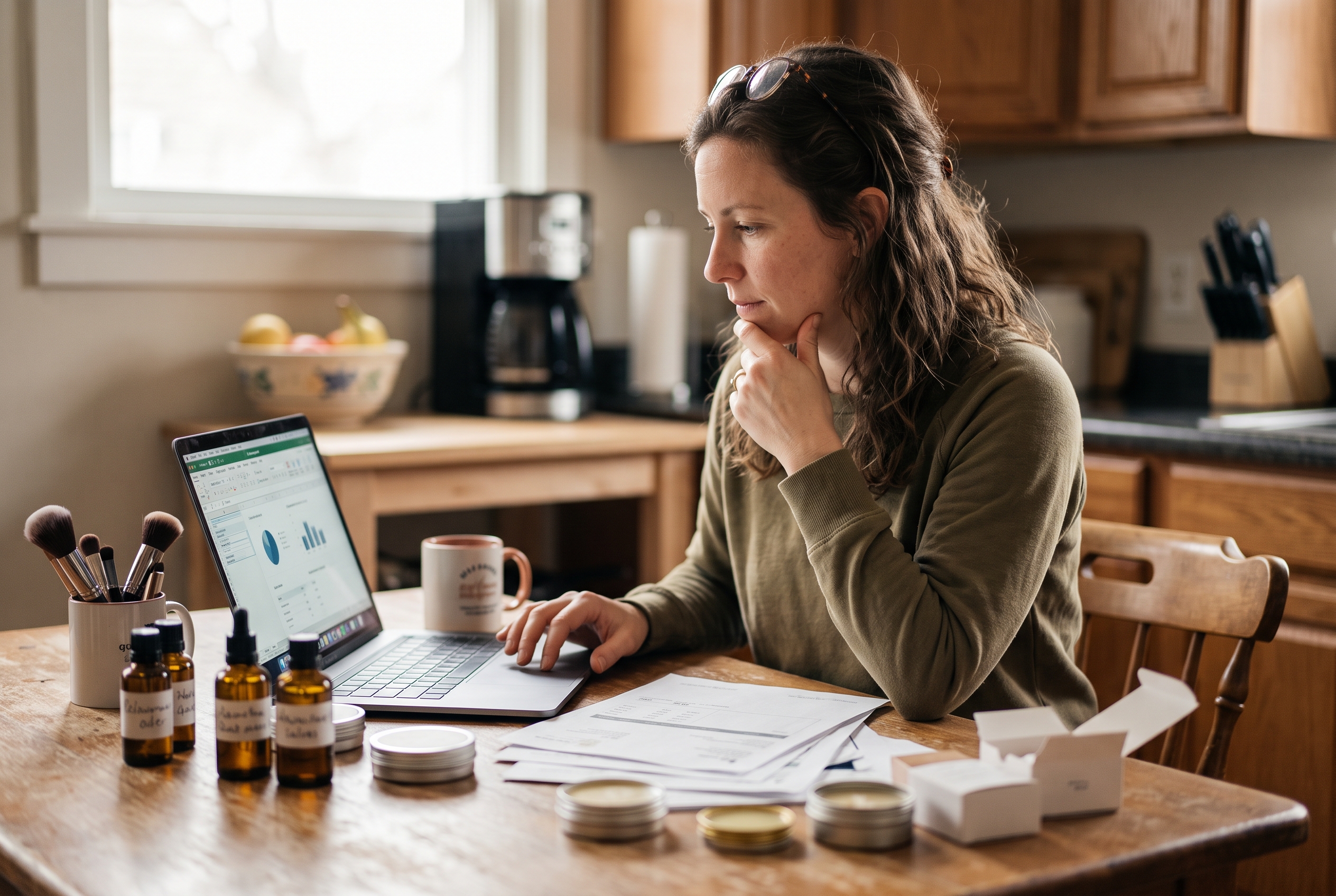Small beauty business owner reviewing invoices and a laptop spreadsheet at a kitchen table surrounded by product samples