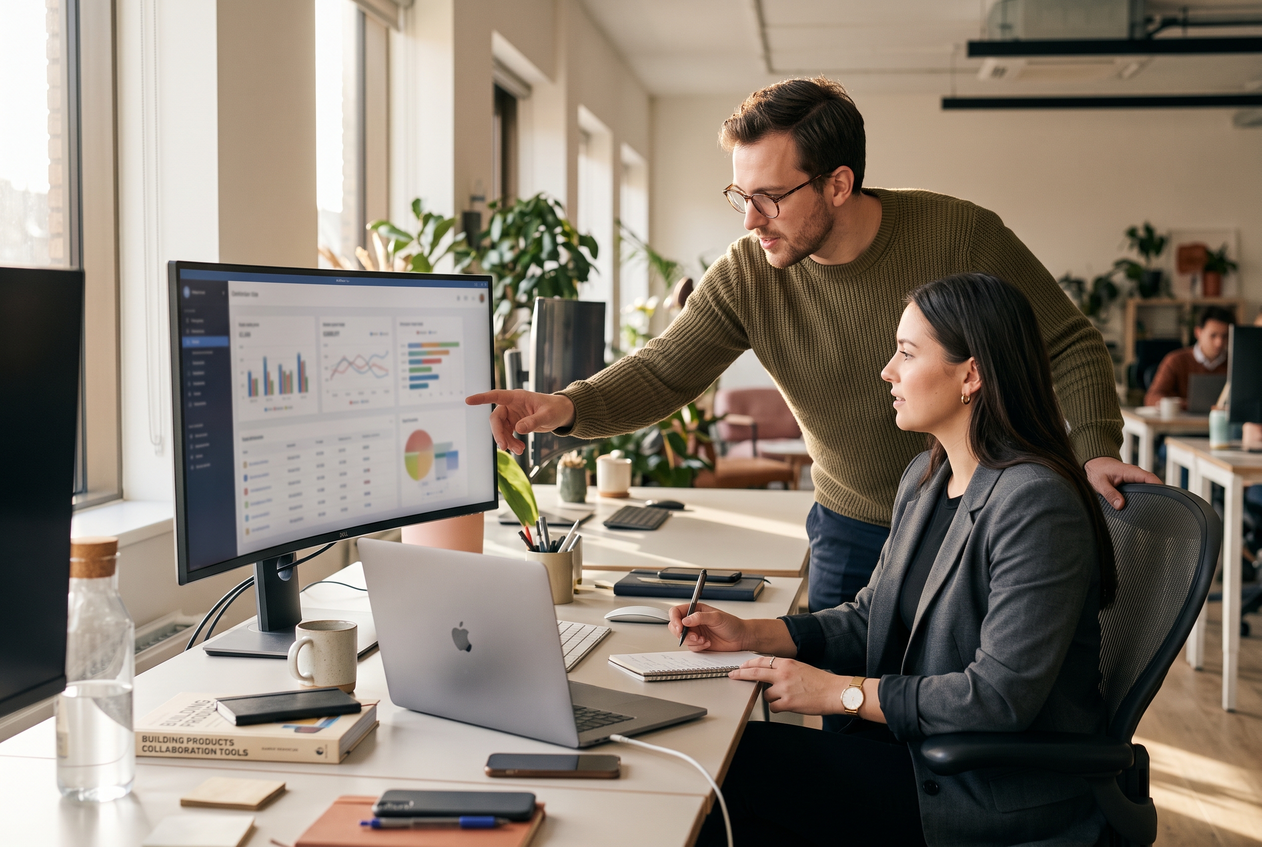 Two colleagues comparing pricing plans on a wide monitor in a bright modern office in the morning