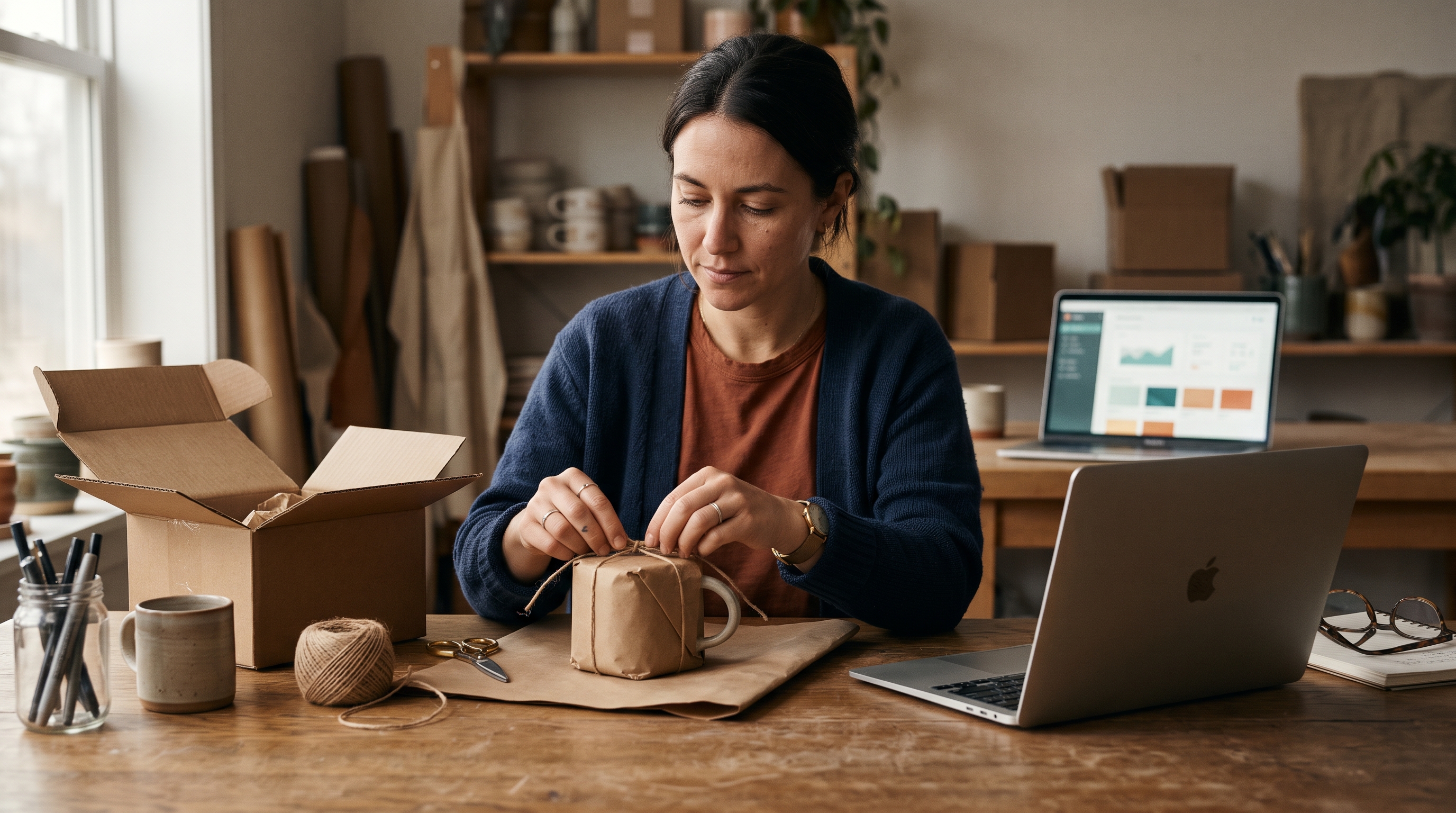 Small business owner packing a handmade order at a wooden table with a laptop showing her online store open beside her