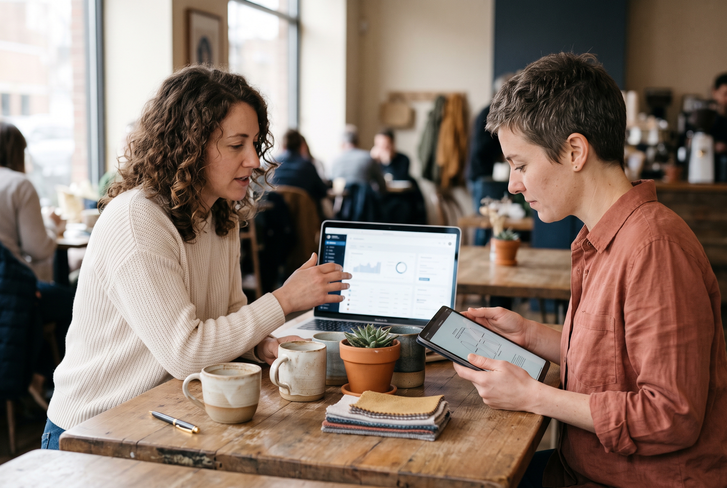 Two shop owners comparing store layouts on a laptop and tablet at a cafe table with product samples between them