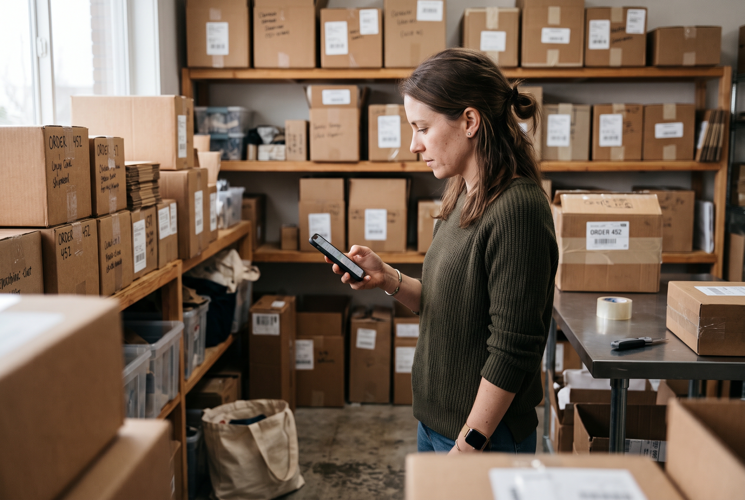 Solo founder testing checkout on her phone while standing in a small stockroom lined with labeled shipping boxes