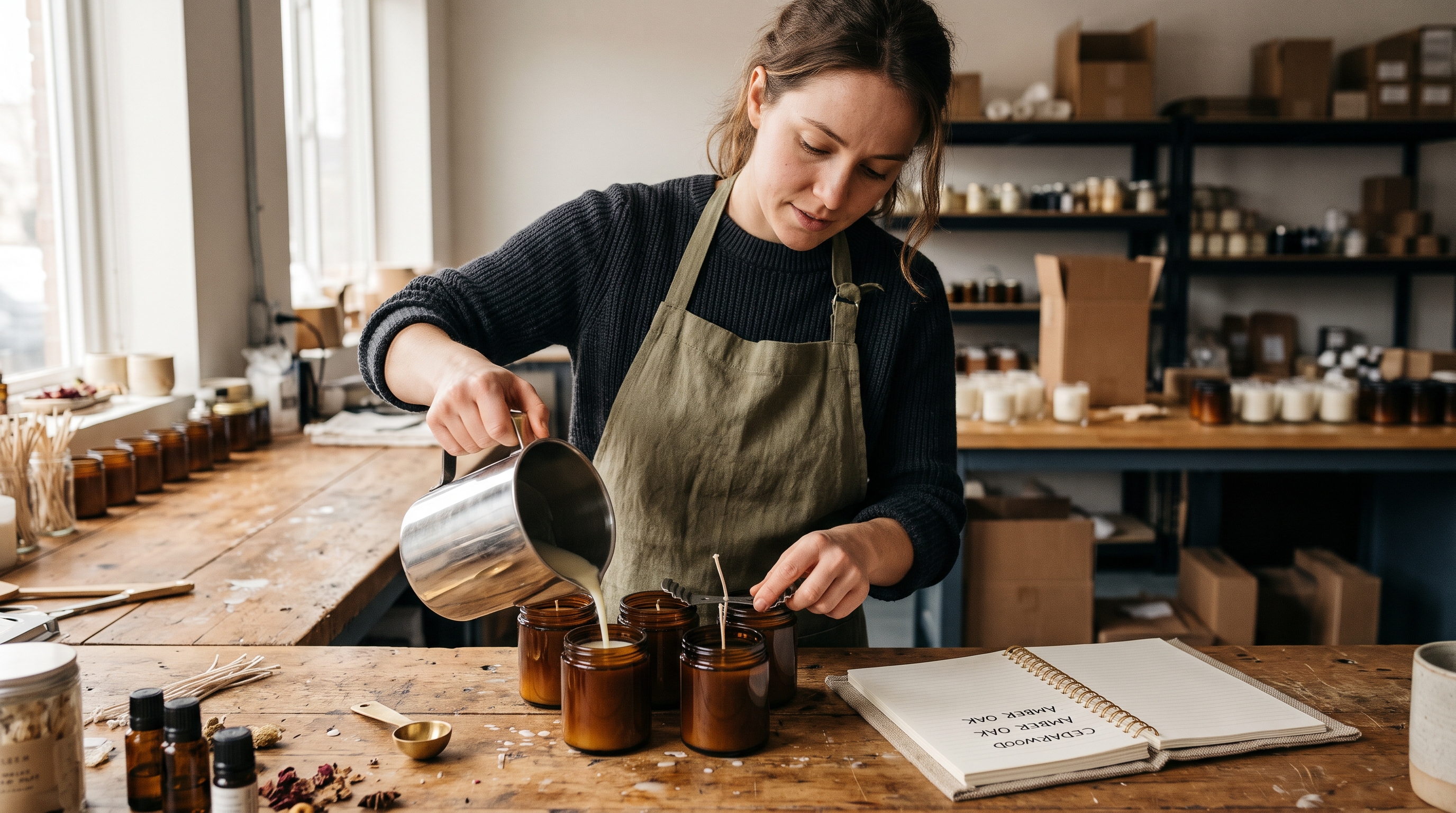 Candle maker pouring soy wax into amber jars at a wooden workbench while jotting brand names in a notebook