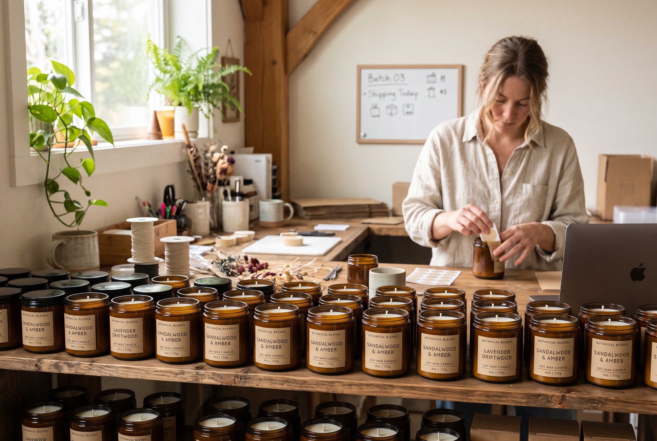 Rows of finished soy candles with kraft labels lined up on a shelf in a bright home studio