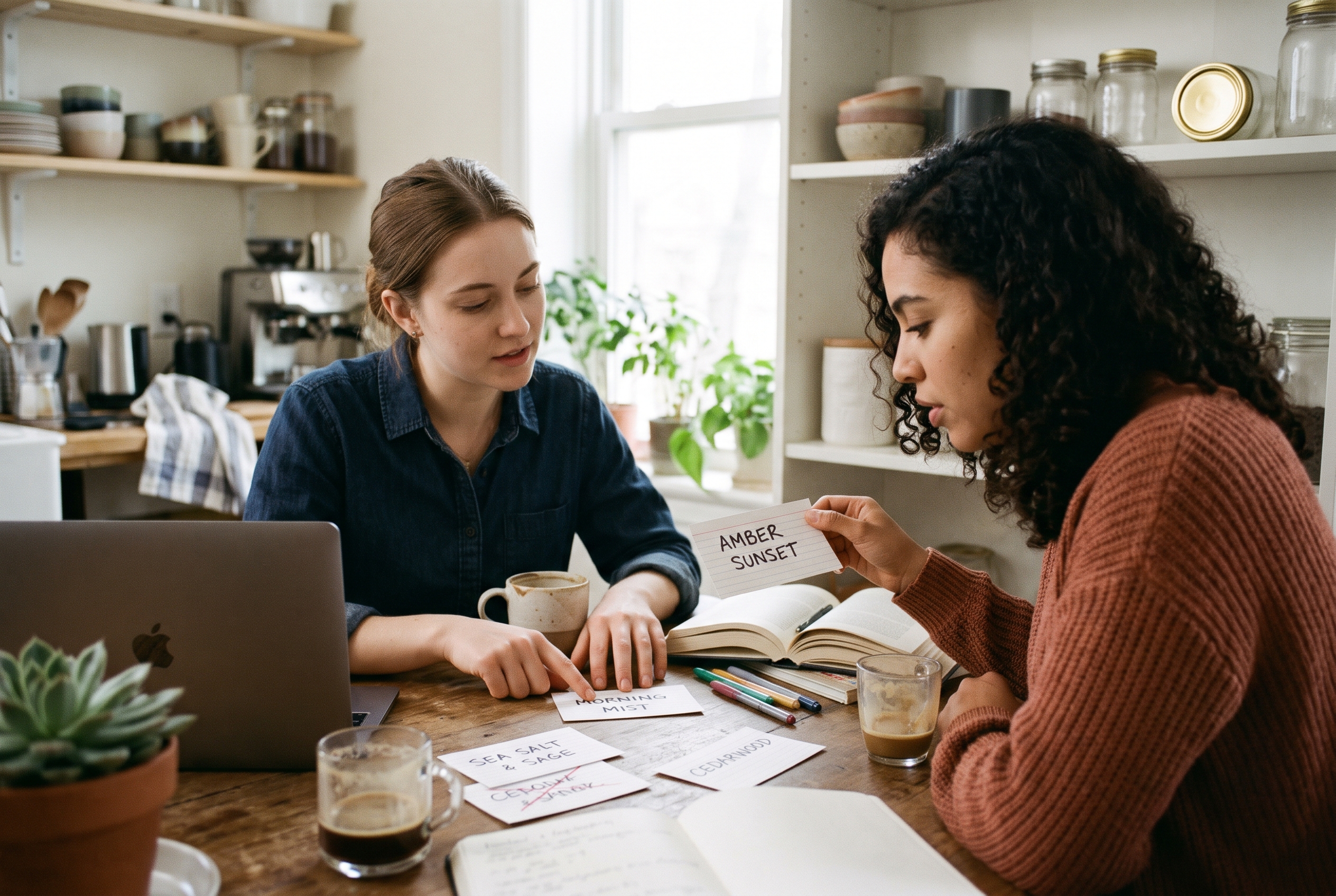 Two friends at a kitchen table comparing handwritten candle name options on index cards with coffee