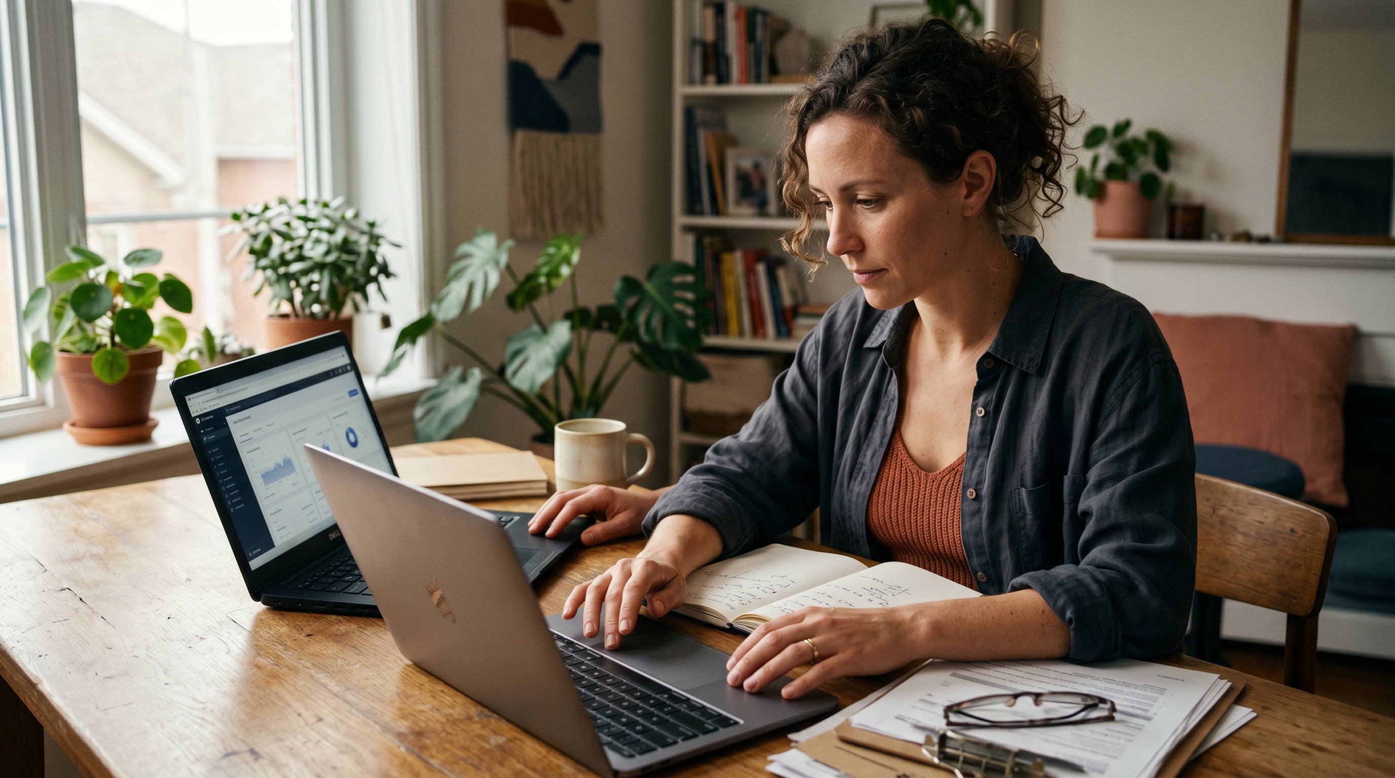 Small business owner comparing two laptops on a wooden desk while reviewing online store options at home