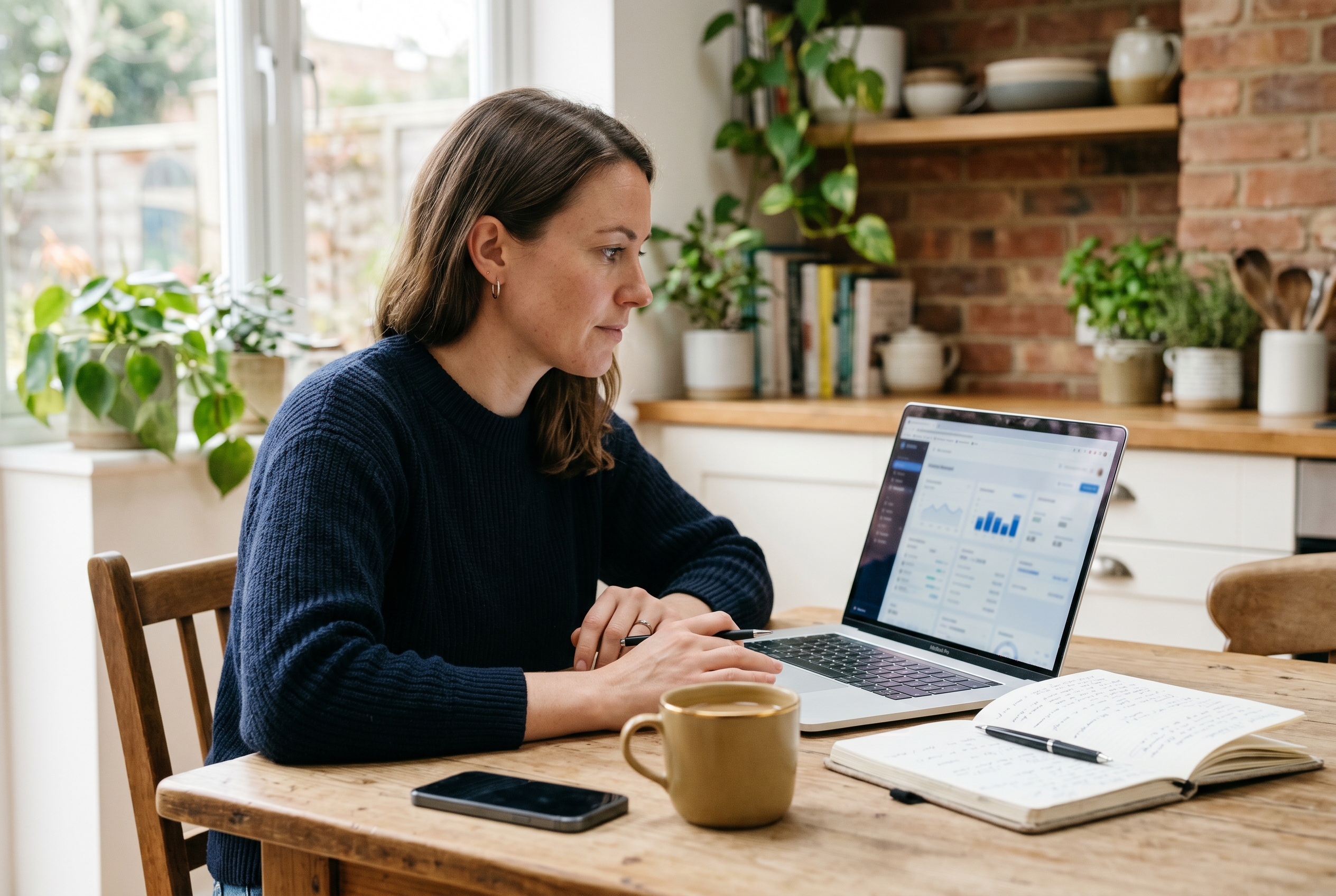 Founder reviewing monthly software invoices on a laptop at a kitchen table with a coffee mug and notebook nearby