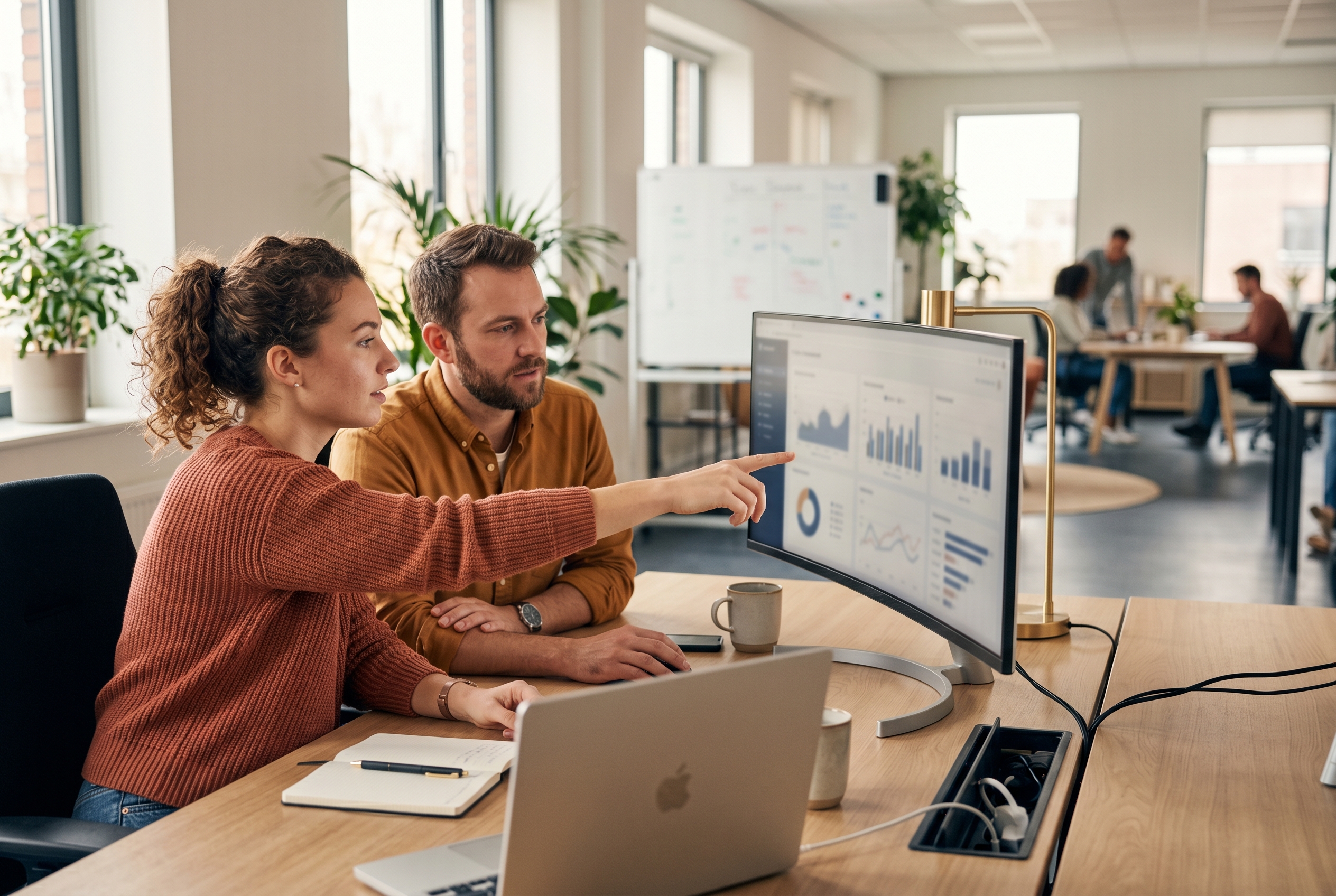 Two colleagues comparing store dashboards side by side on a wide monitor in a bright modern office