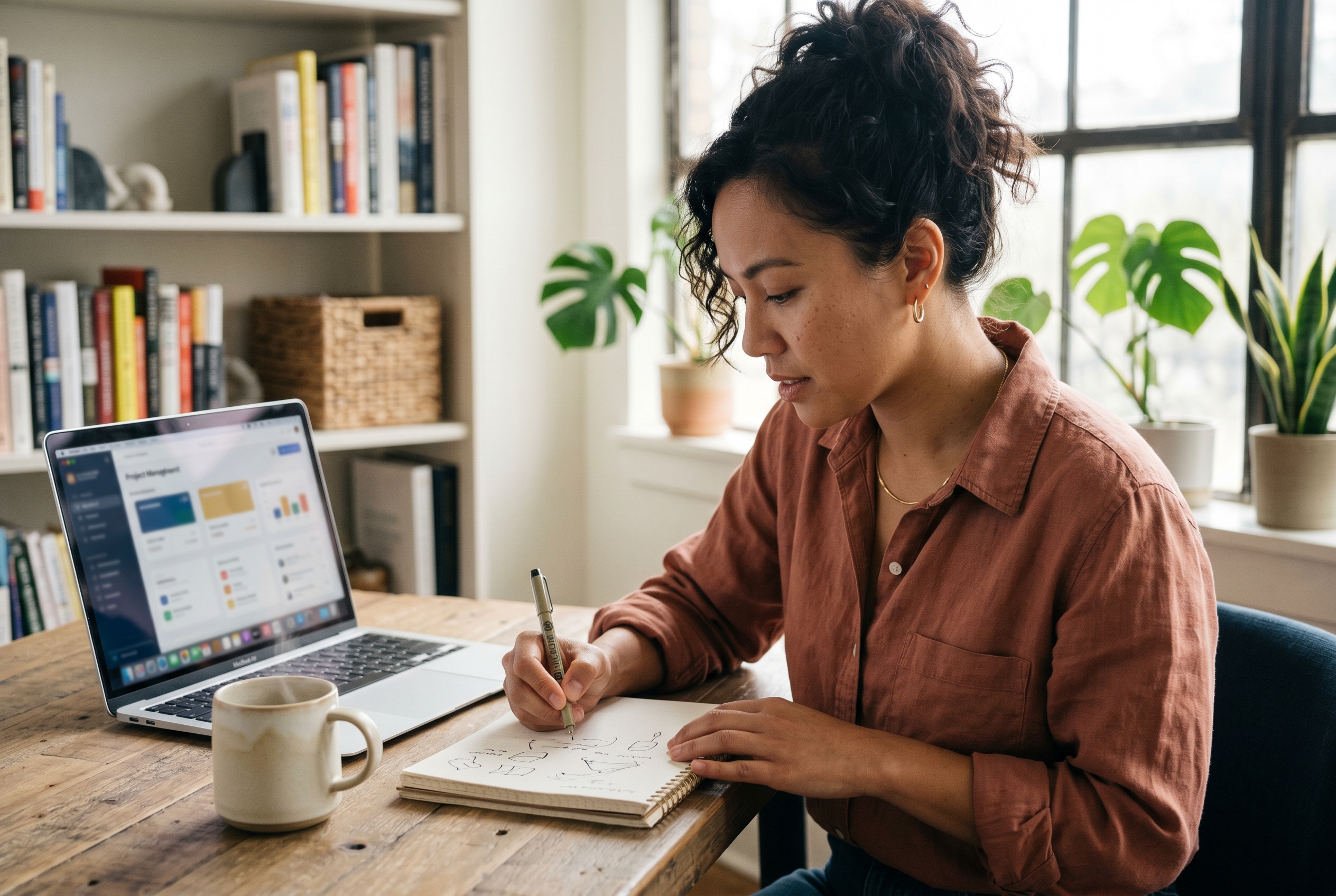 Founder sketching boutique product ideas in a notebook beside a laptop and coffee in a sunlit home office