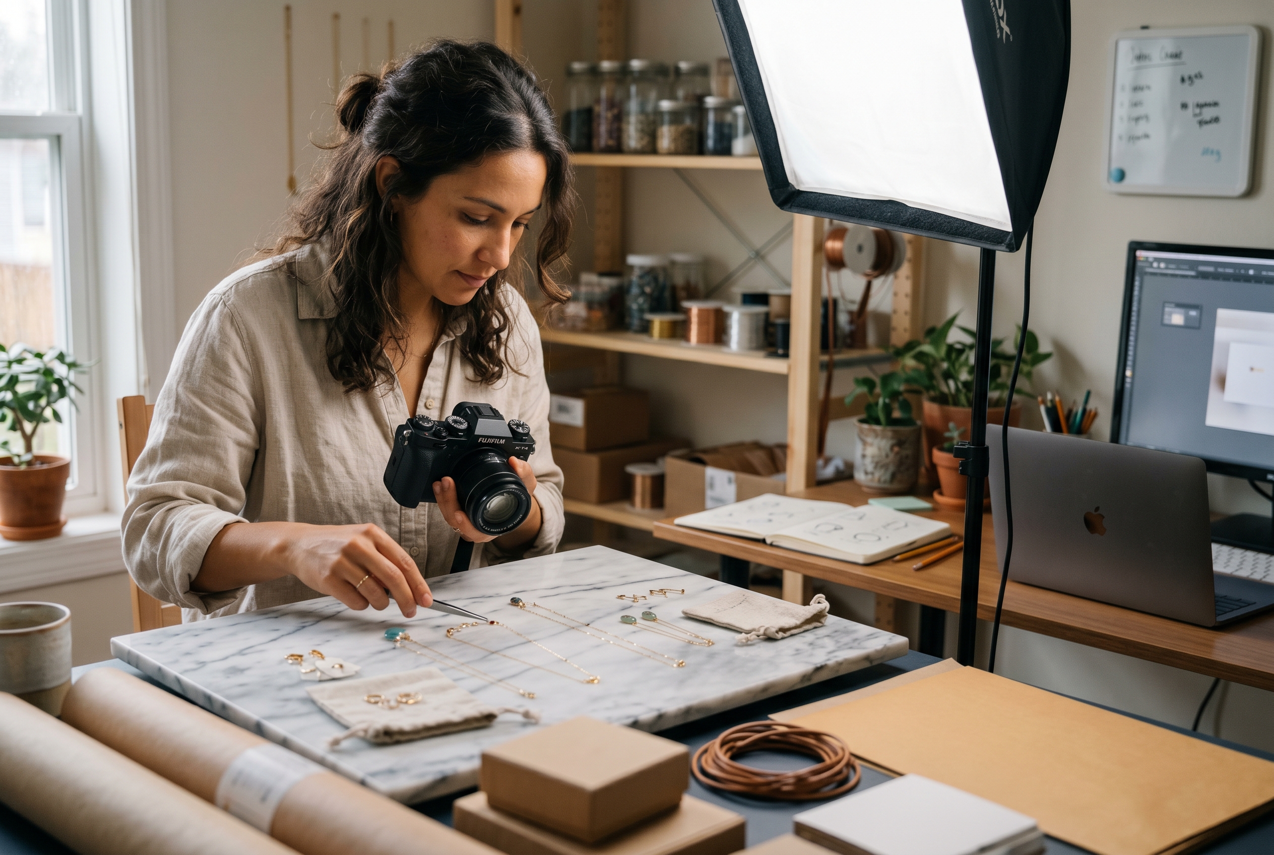 Small business owner photographing handmade jewelry on a marble surface with a softbox light in a home studio