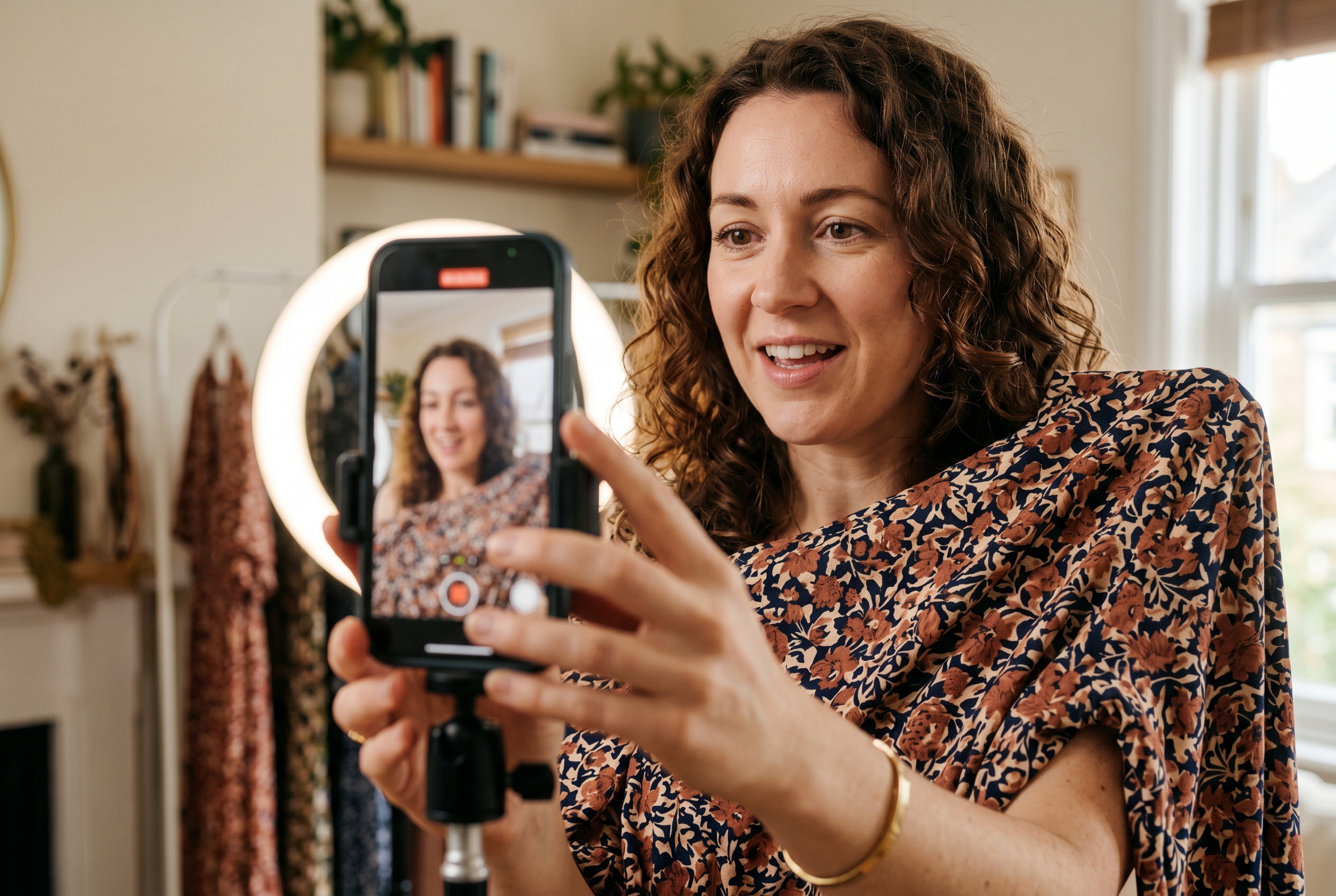 Woman filming a short product video on her phone with a ring light while showing a boutique dress at home