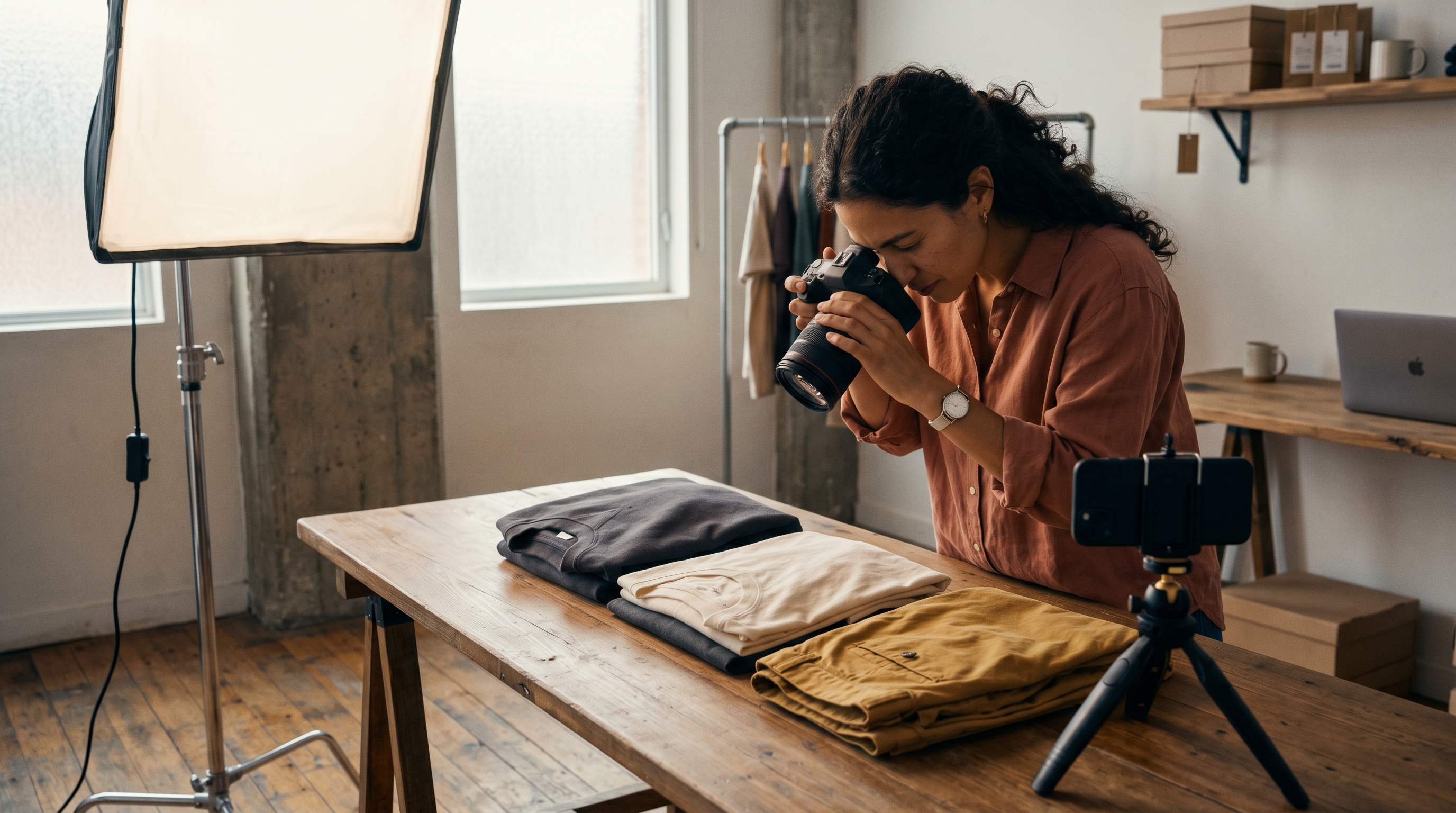 Small business owner photographing folded clothing on a wooden table next to a phone on a tripod and a softbox light
