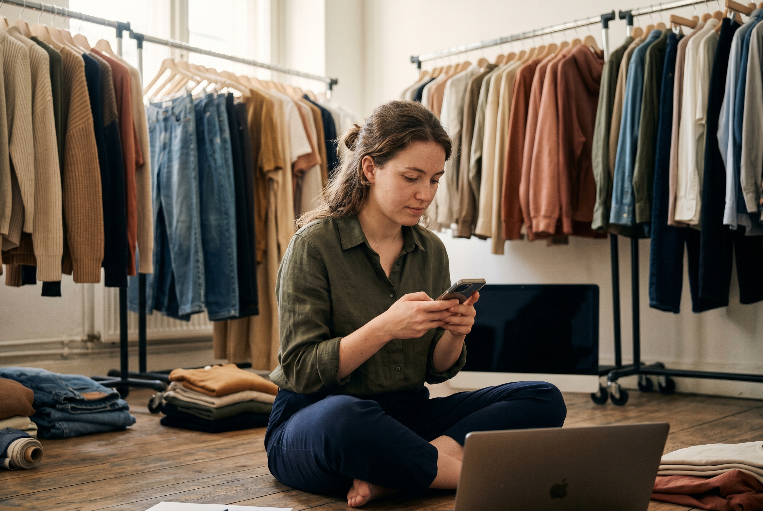 Founder sitting cross-legged on the floor surrounded by clothing racks while editing a product photo on her phone