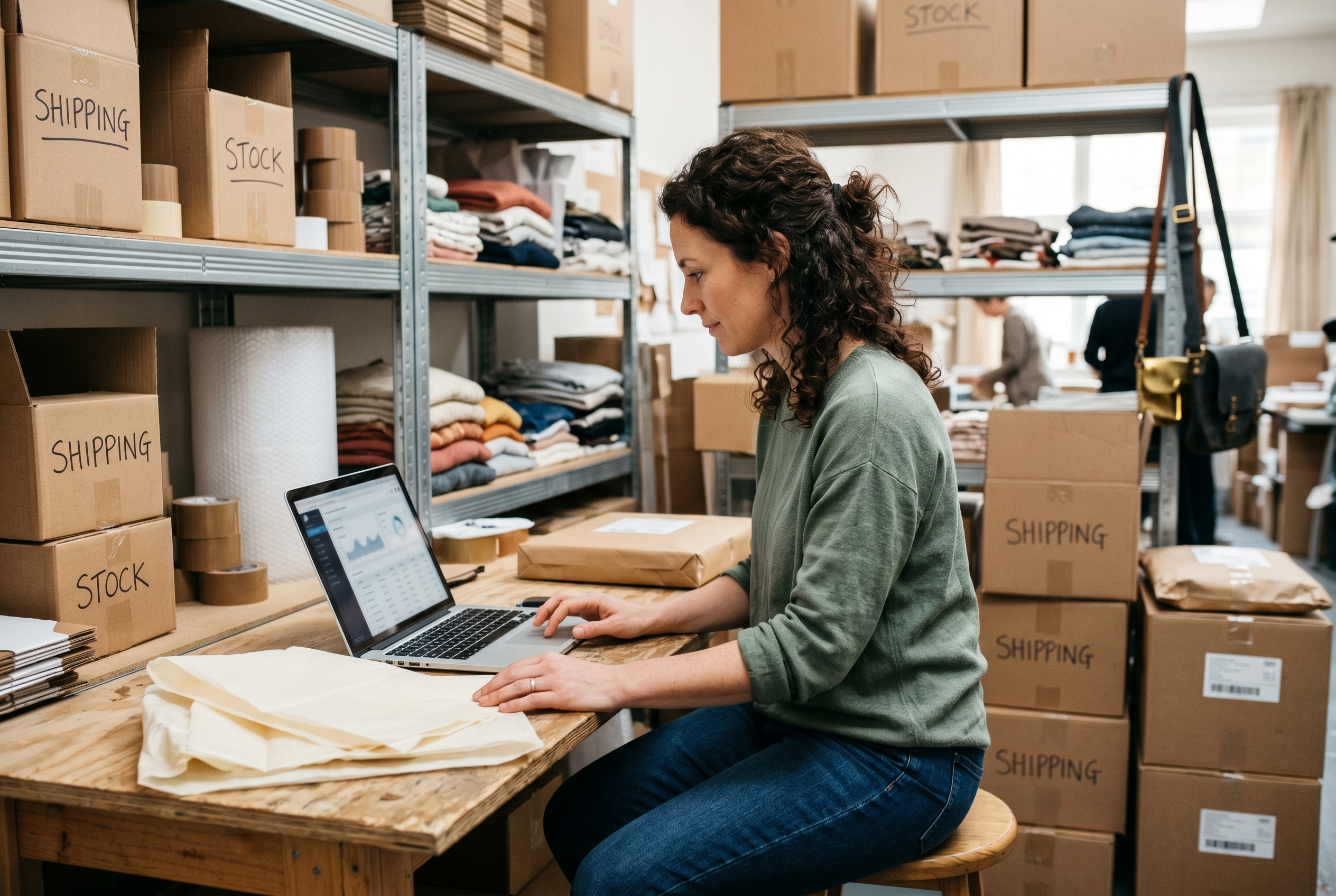 Boutique owner reviewing orders on a laptop at a packing station with labeled shipping boxes and tissue paper around her