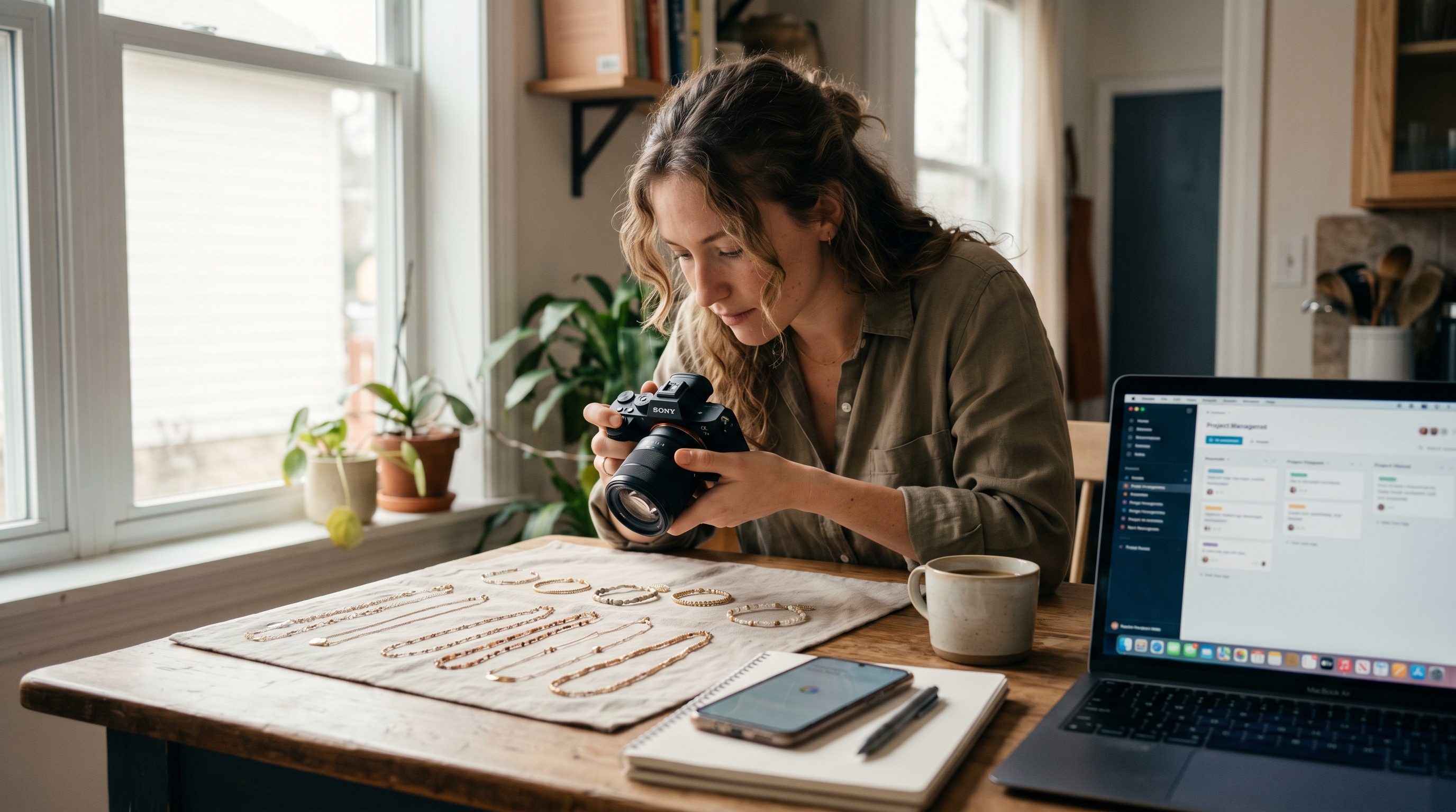 Young entrepreneur photographing handmade jewelry at a sunlit kitchen table with a laptop and phone nearby