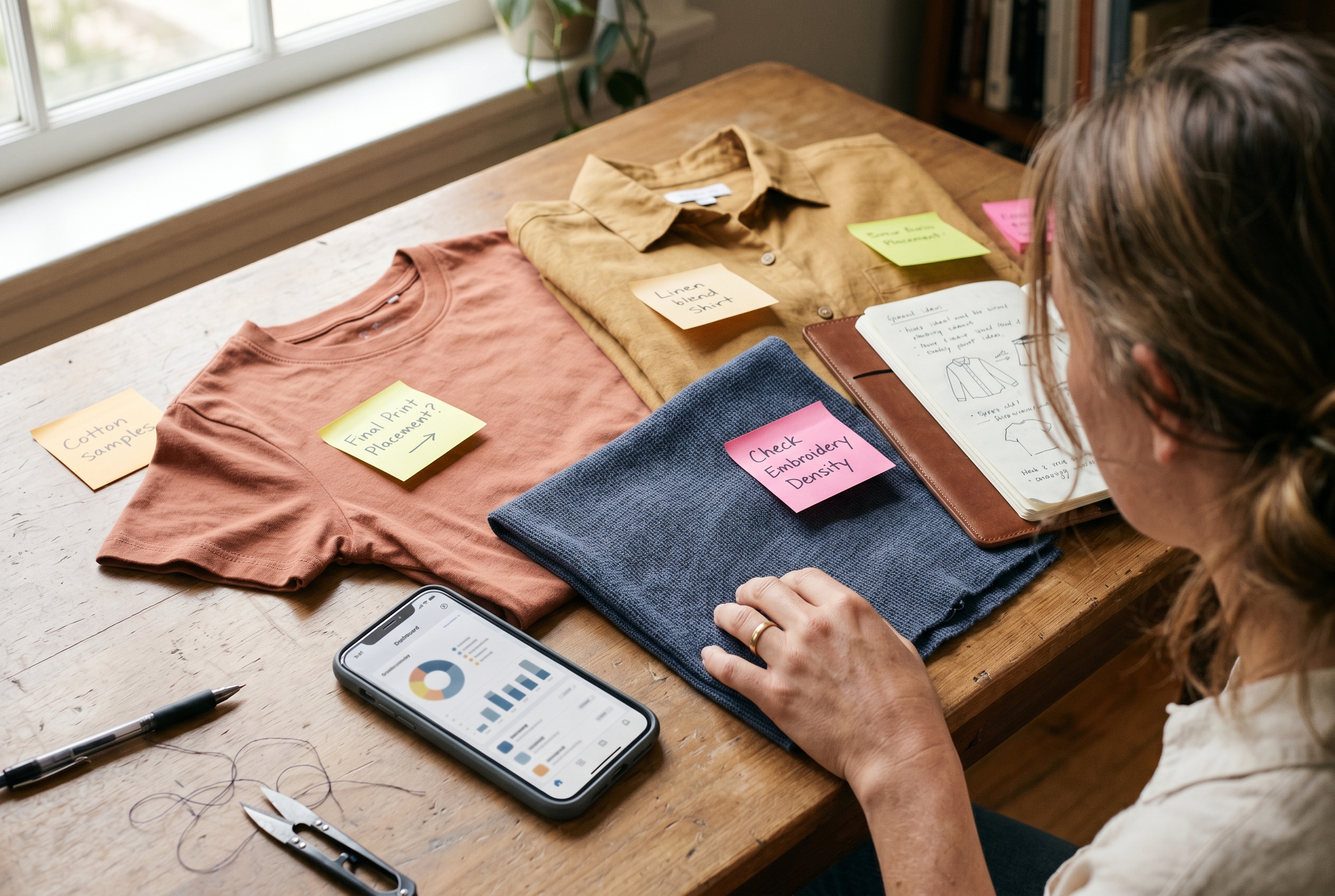 Flat lay of boutique clothing samples with sticky notes and a phone showing a print on demand app