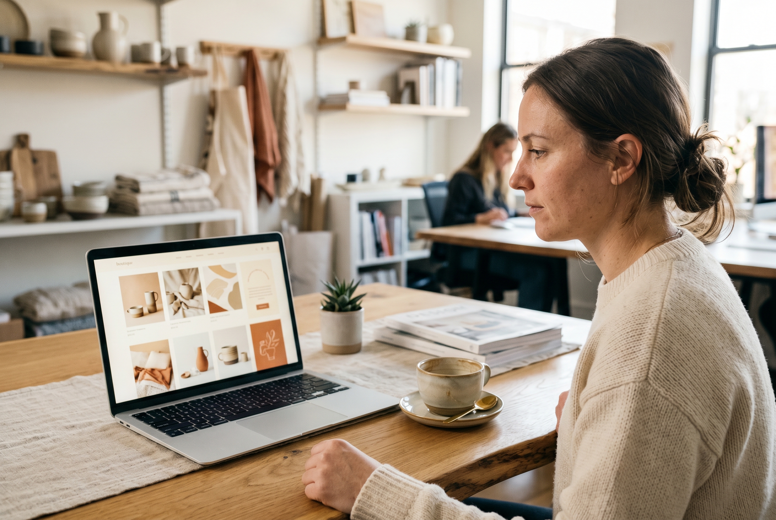 Laptop screen showing a clean boutique homepage with product grid and a coffee cup beside it
