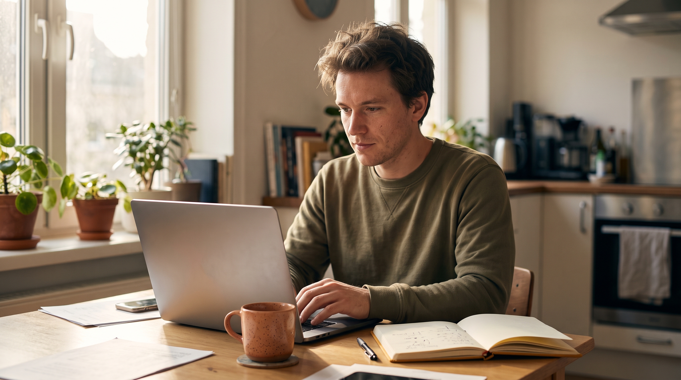 Young entrepreneur working on a laptop at a small kitchen table with a coffee mug and notebook in morning light