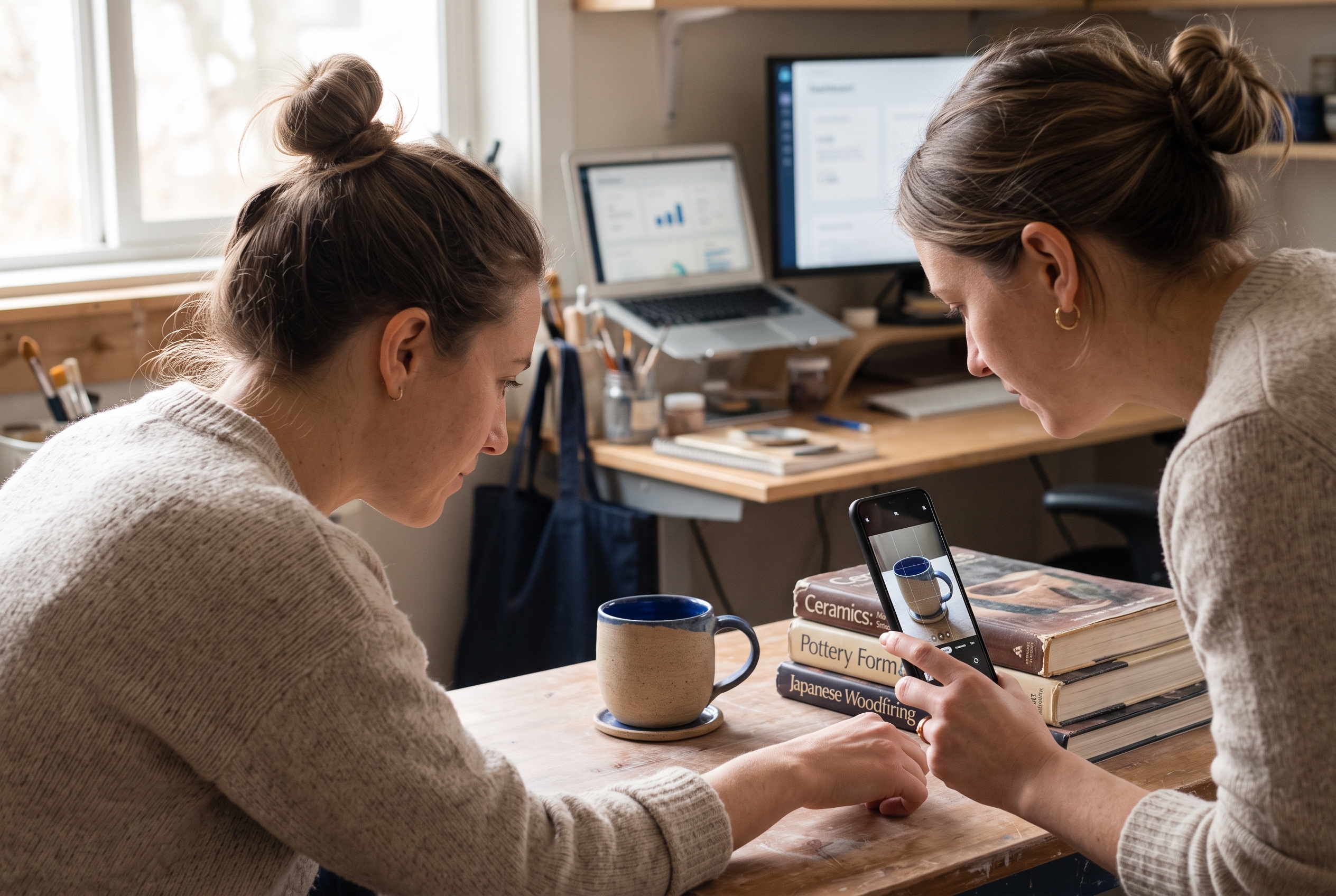 Maker photographing a handmade ceramic mug on a wooden table using a phone propped against a stack of books