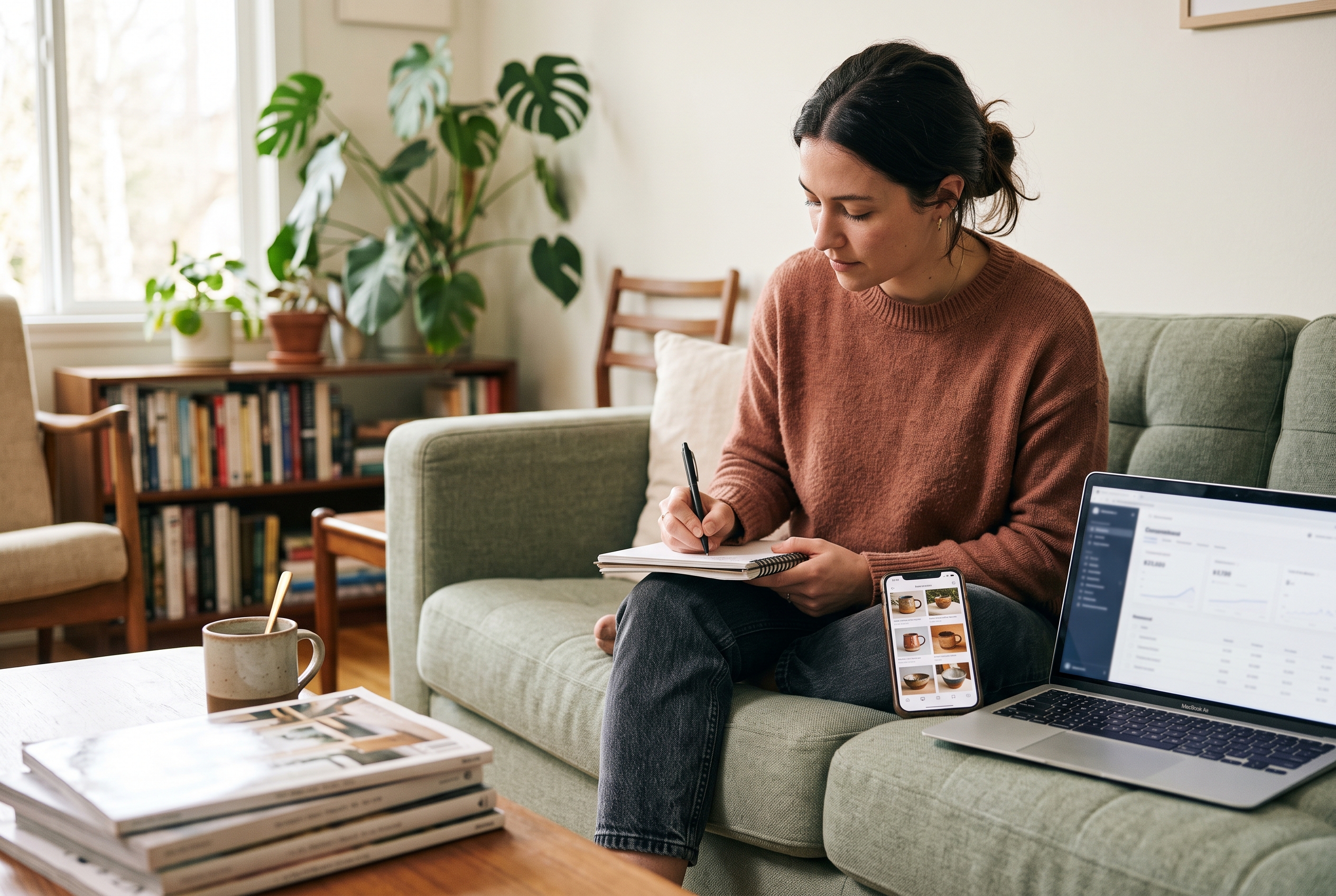 Woman sitting on a couch with a laptop writing a business plan in a notebook, phone showing product photos beside her