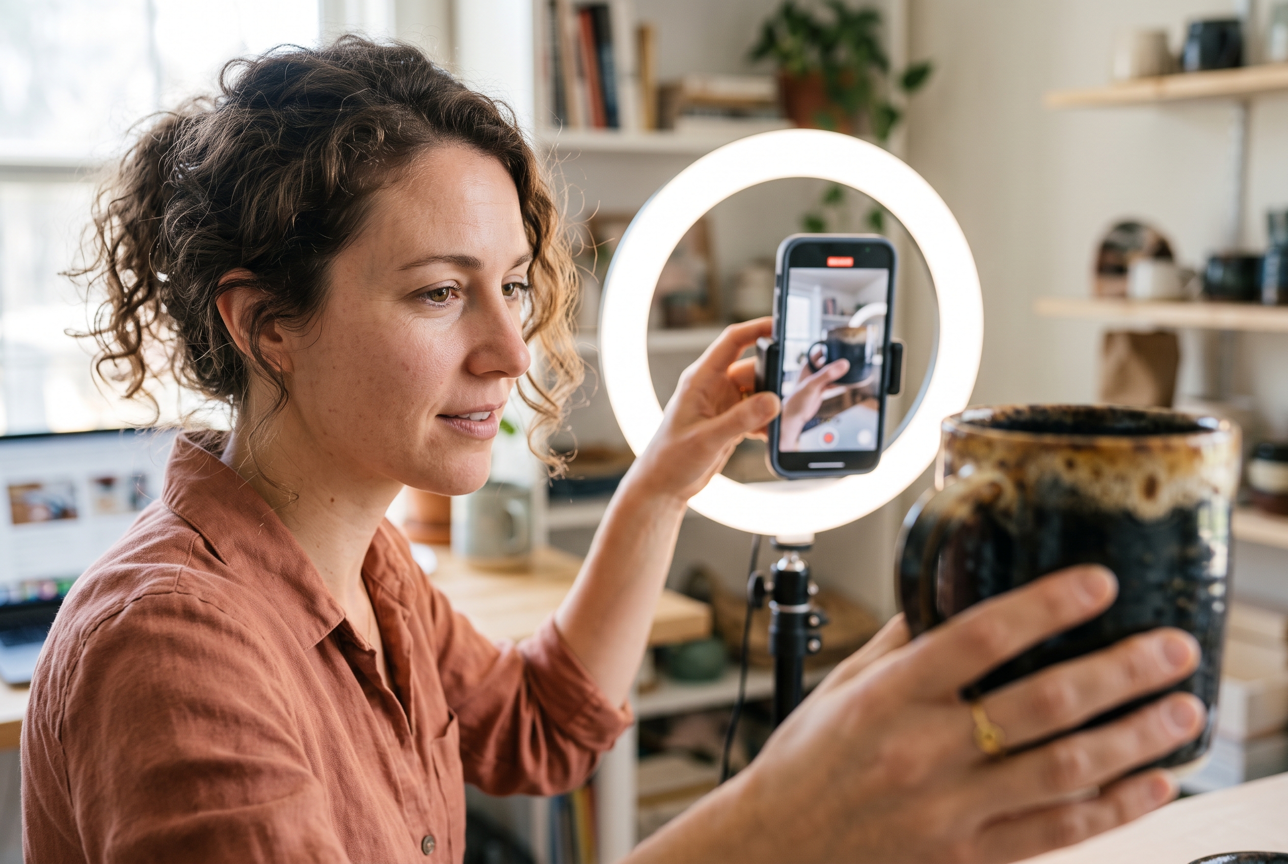 Small business owner filming a short product video on a phone mounted to a ring light in a bright home studio