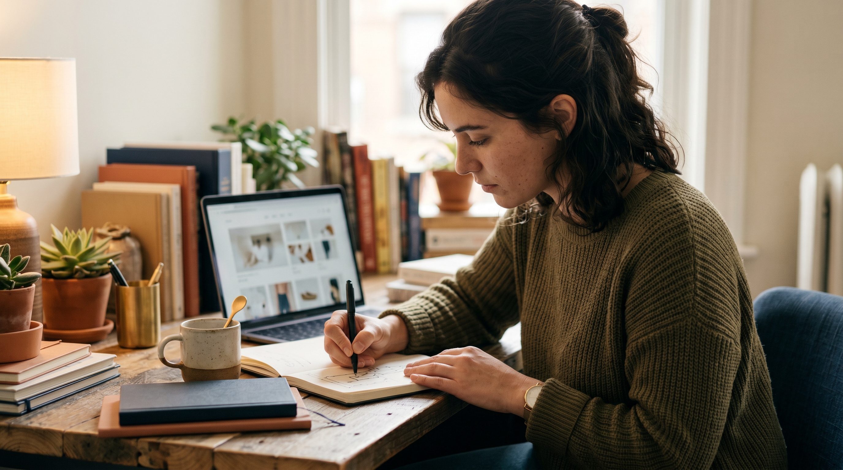 Entrepreneur at a desk sketching a business plan with a laptop showing an online store homepage