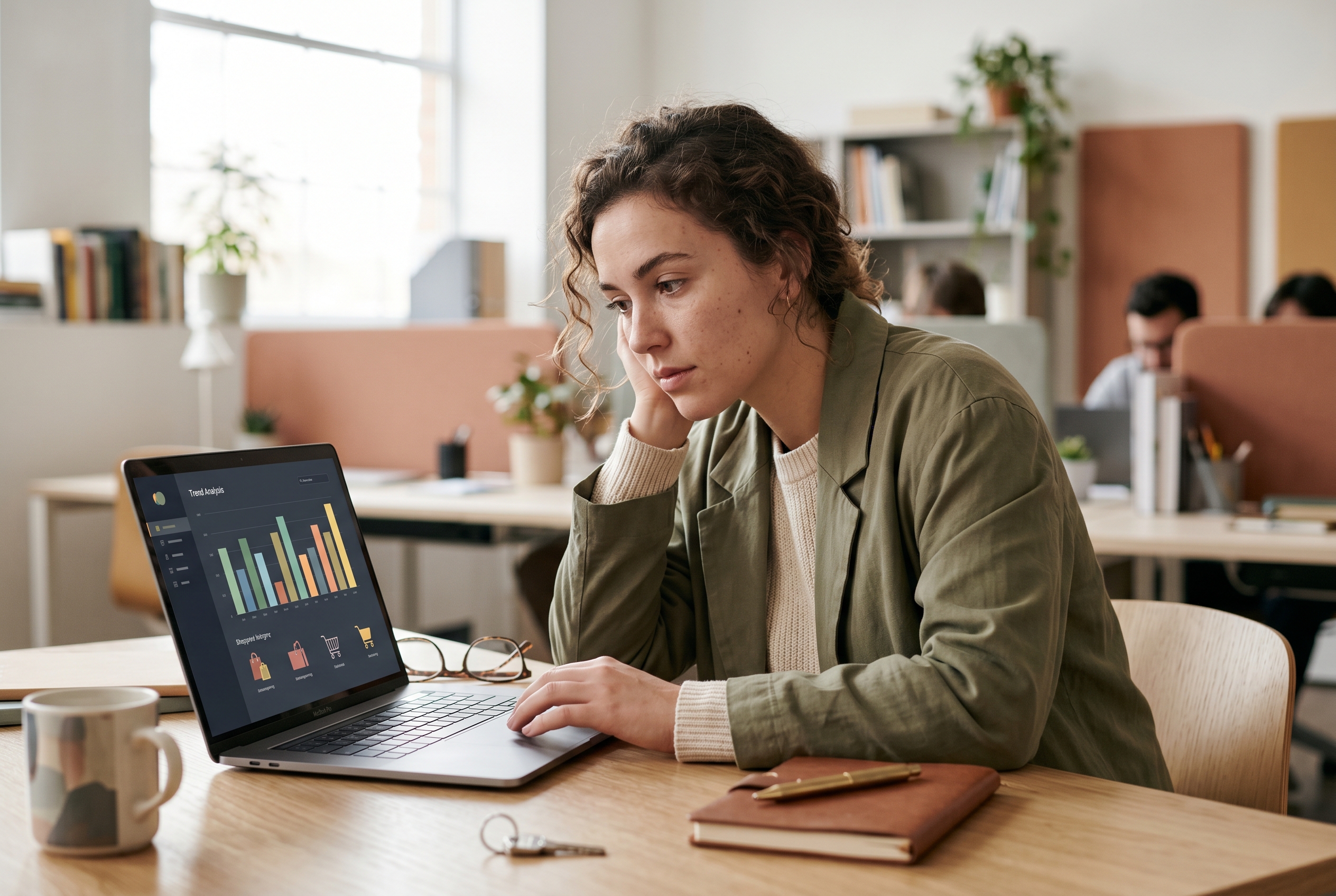 Person analyzing product trends on a laptop screen with colorful graphs and shopping category icons