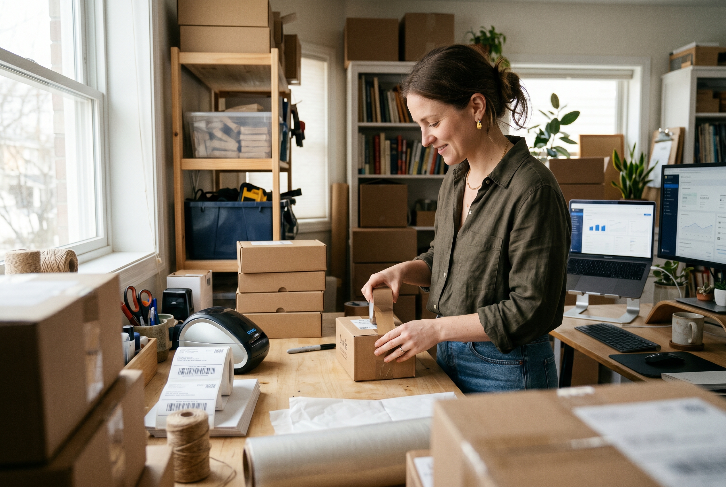 Small business owner packing orders at a home workspace with shipping labels and product boxes