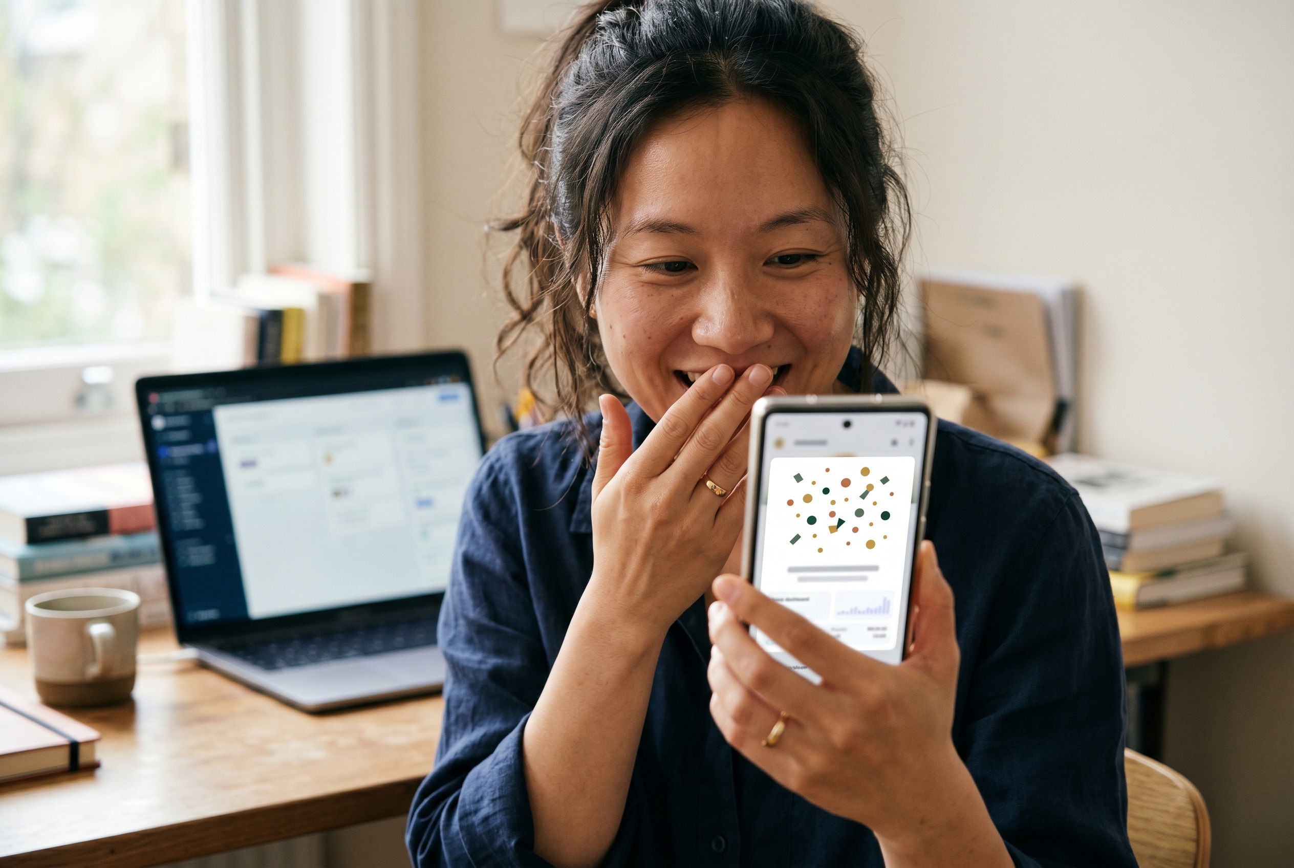 Business owner celebrating their first online sale notification on a phone screen with confetti graphics
