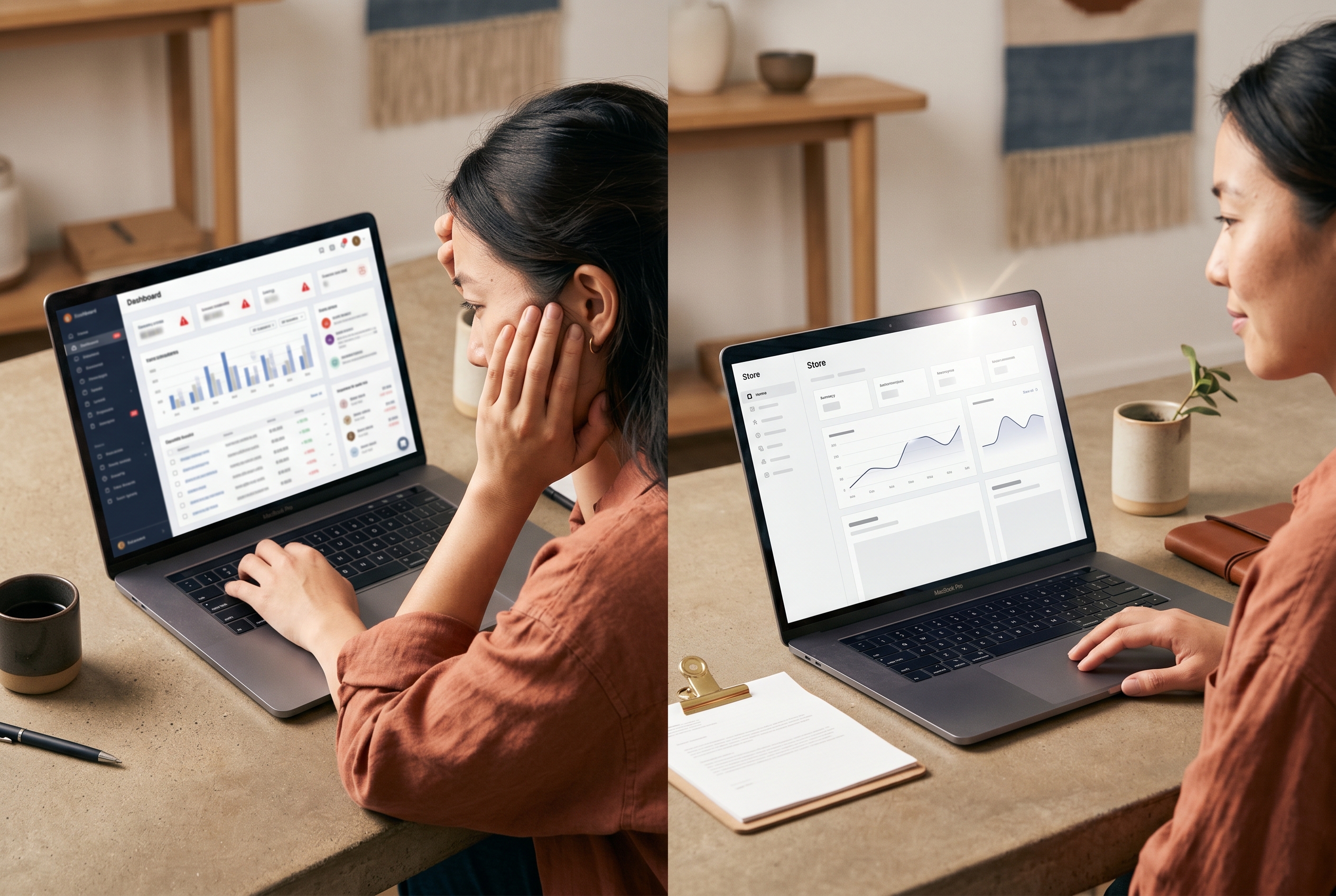 Split screen showing a cluttered overwhelming store dashboard versus a clean simple store interface