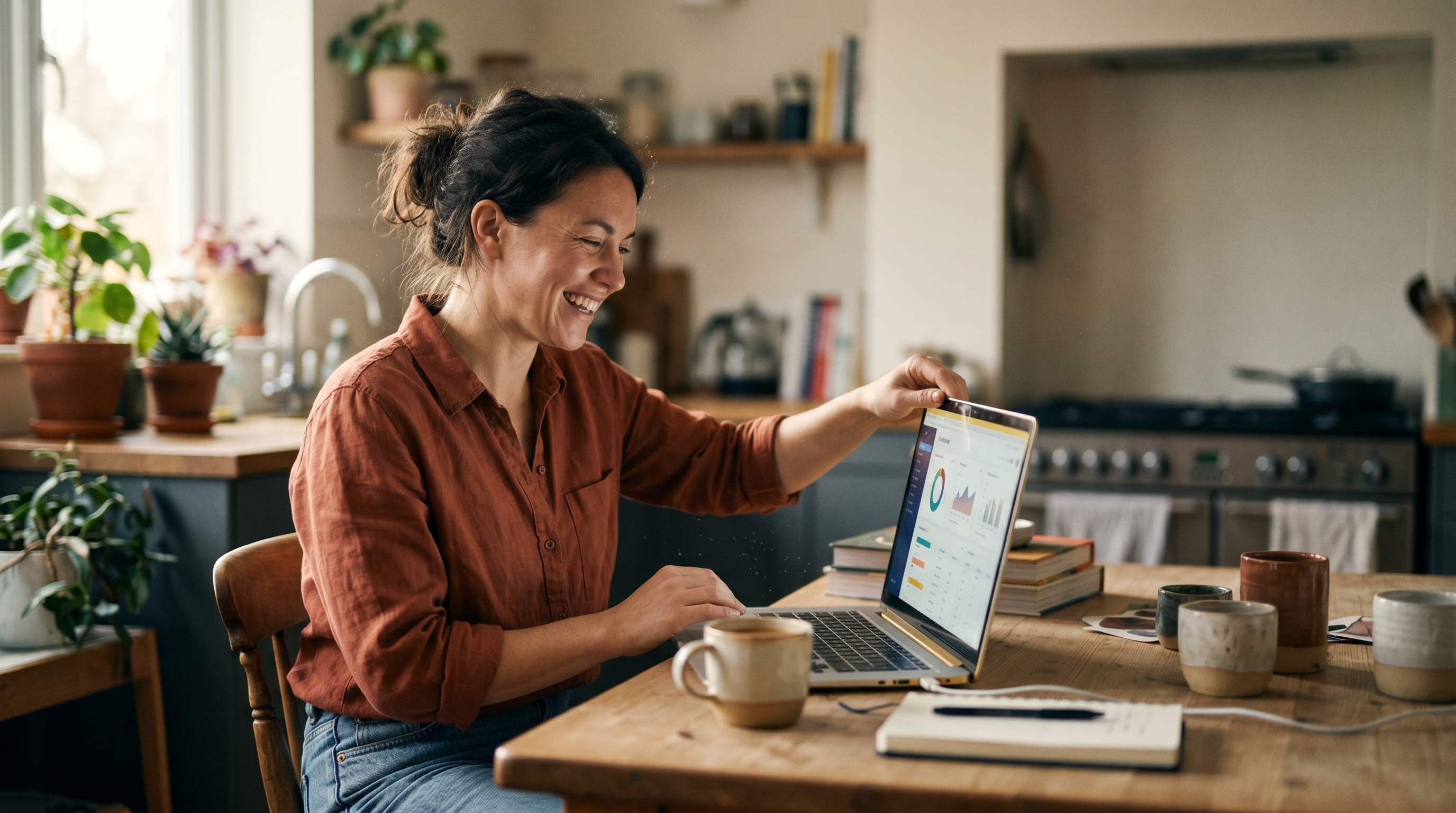 Excited entrepreneur opening a laptop to launch a new online store from a home kitchen table