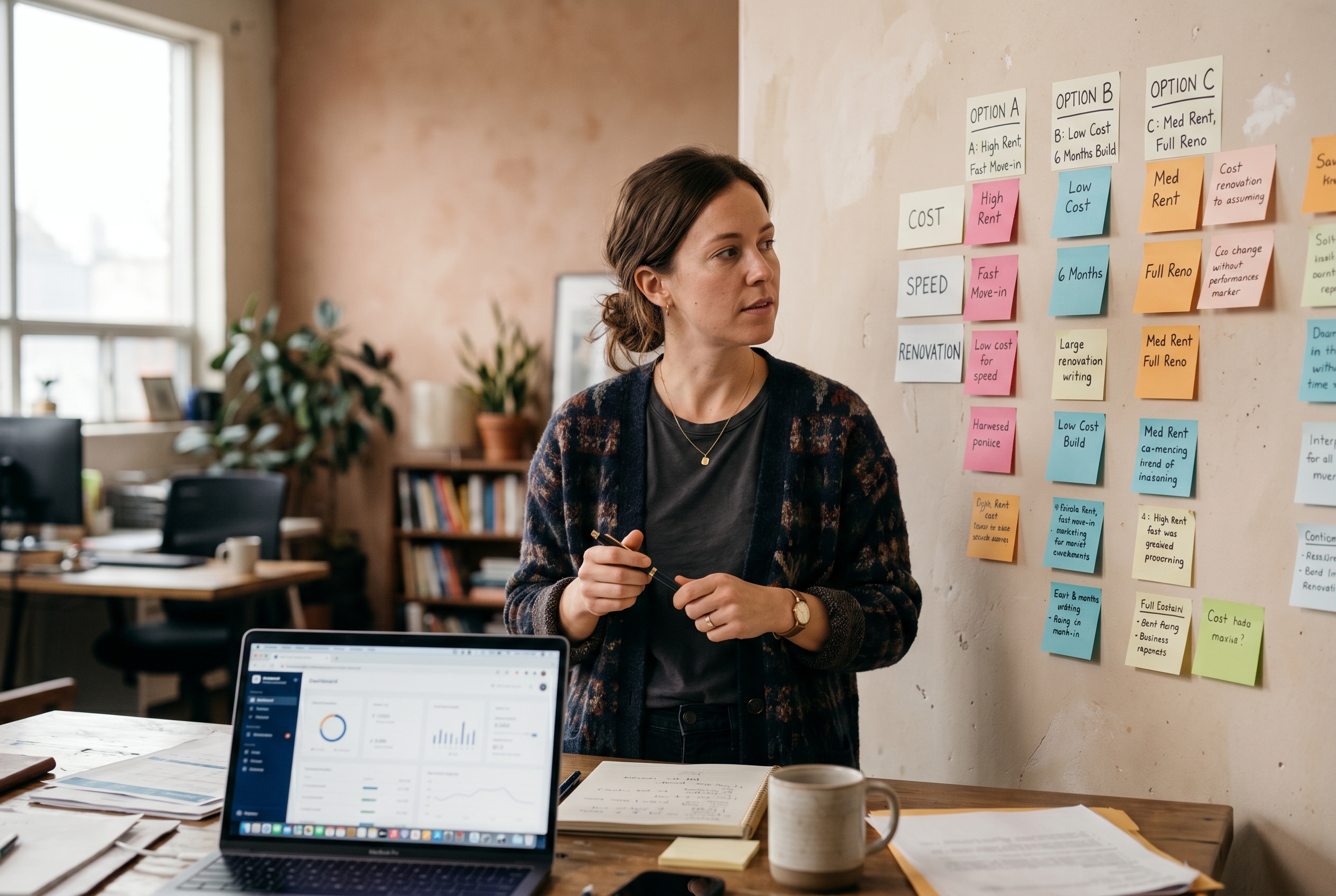 Business owner comparing three storefront options on a wall of sticky notes weighing cost and speed