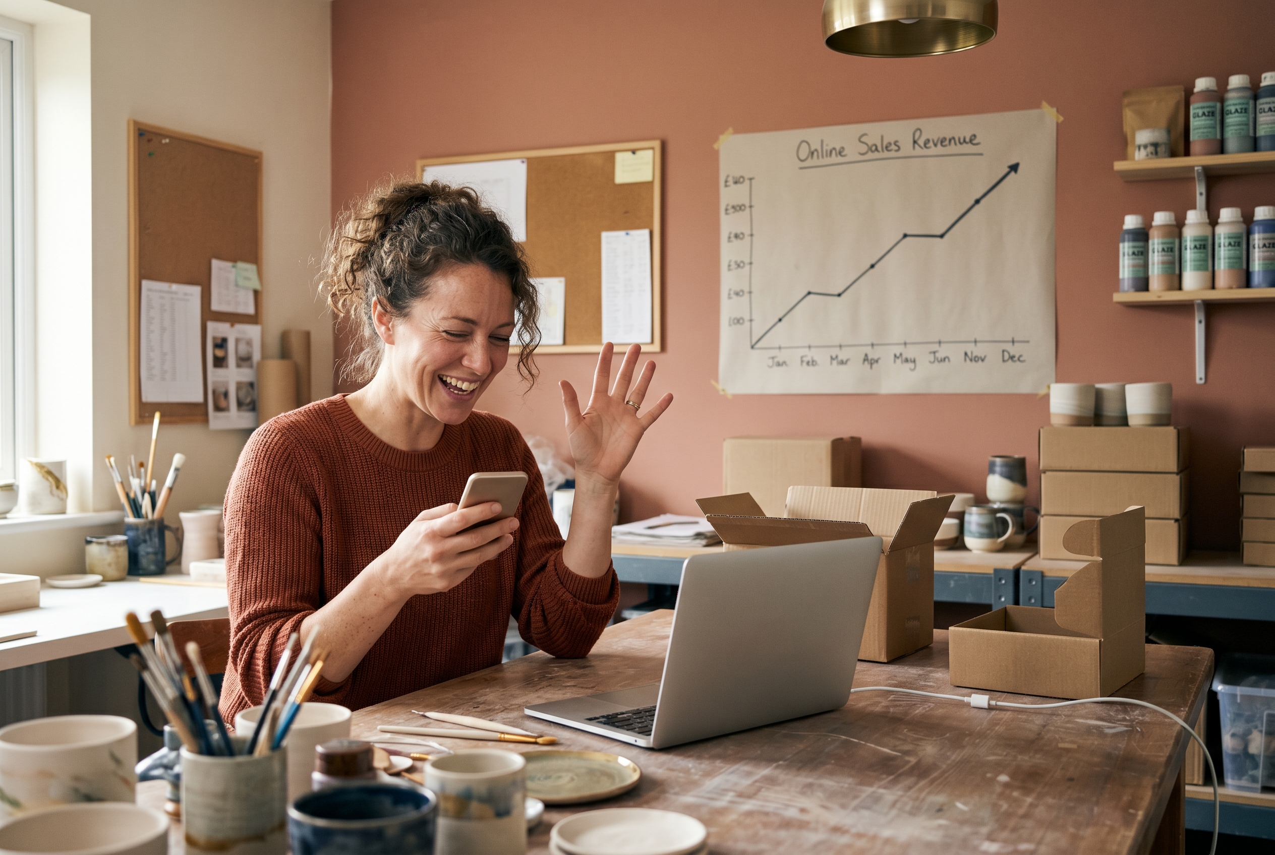 Shop owner celebrating a first online sale notification with a rising revenue chart on the wall behind them