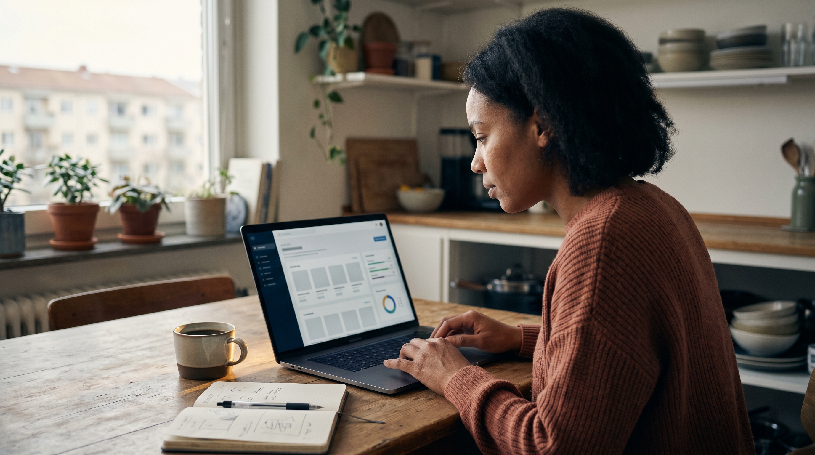Person at a kitchen table launching an online store on a laptop with coffee and notebook beside them