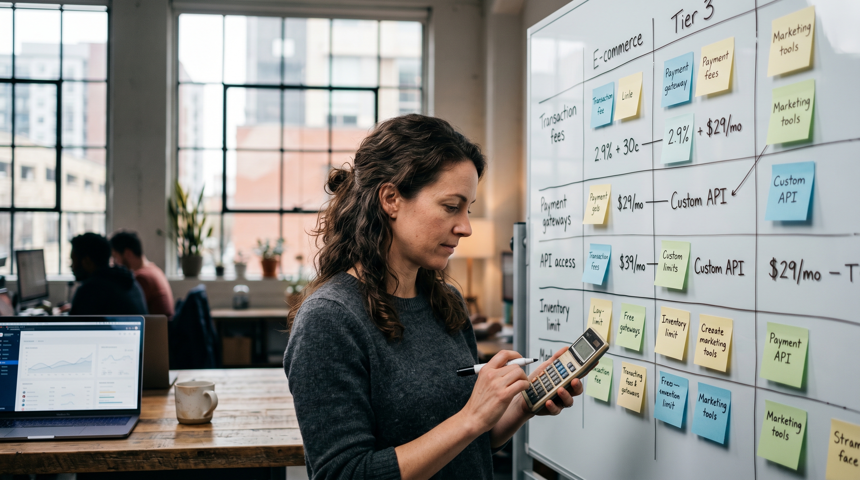 Founder comparing ecommerce platform pricing tiers on a whiteboard with sticky notes and a calculator