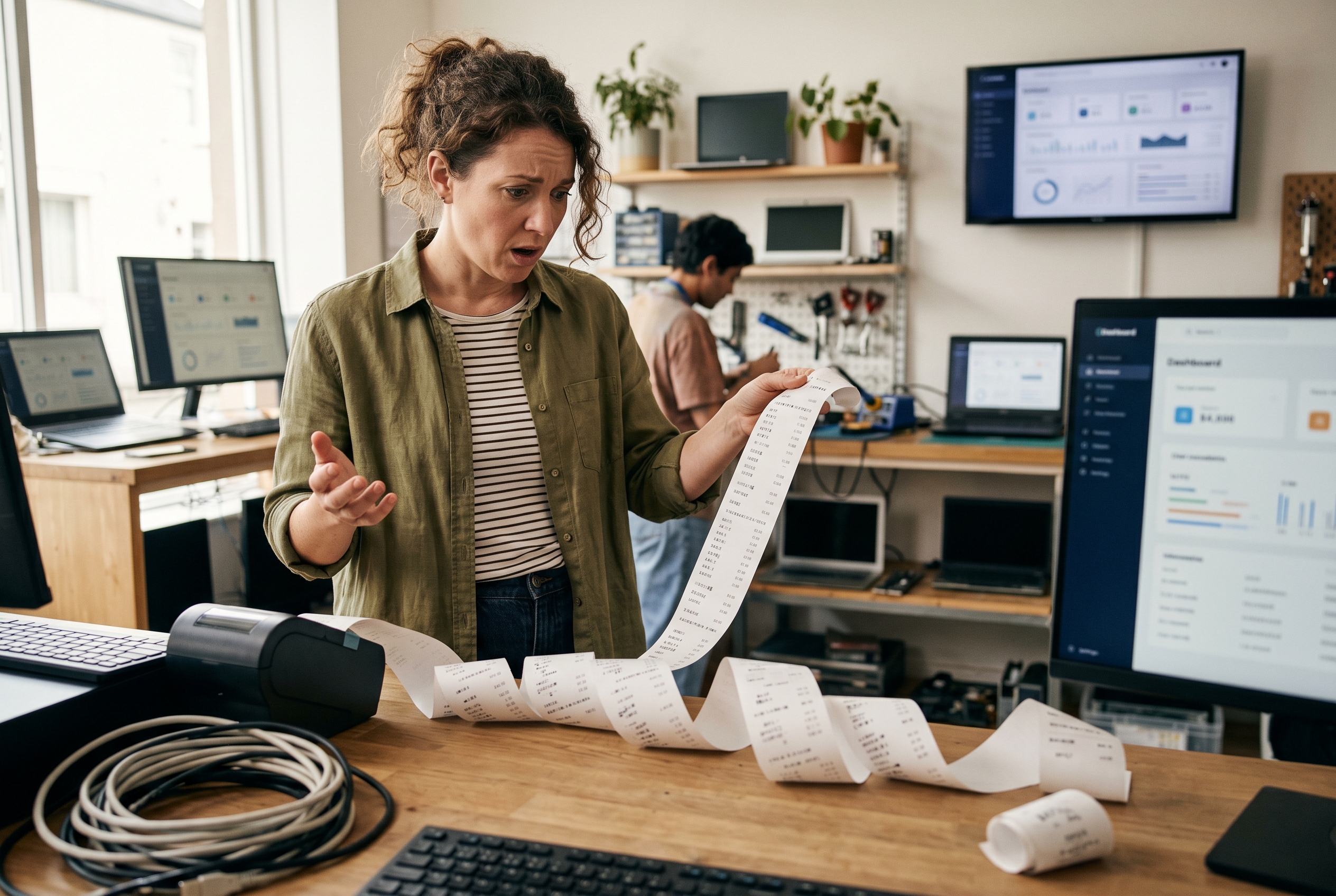 Shopkeeper looking surprised at a long receipt of plugin and app charges spilling onto the floor