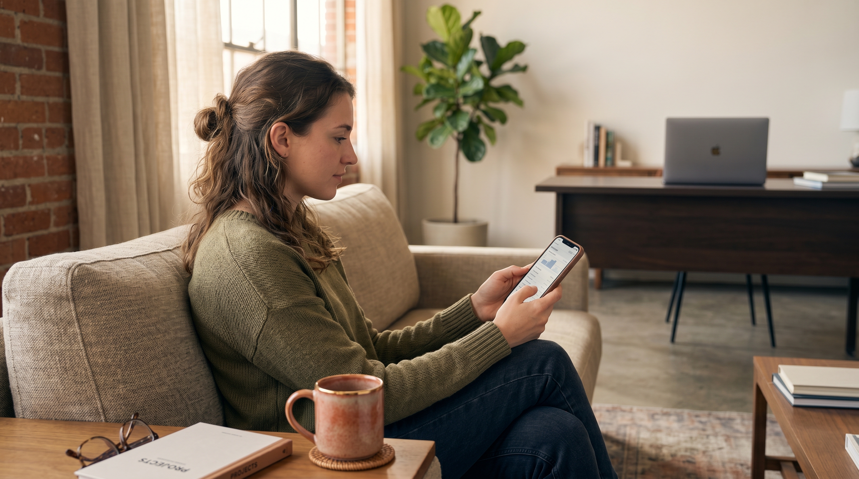 Young entrepreneur sitting on a couch setting up an online store on her smartphone with a coffee mug beside her