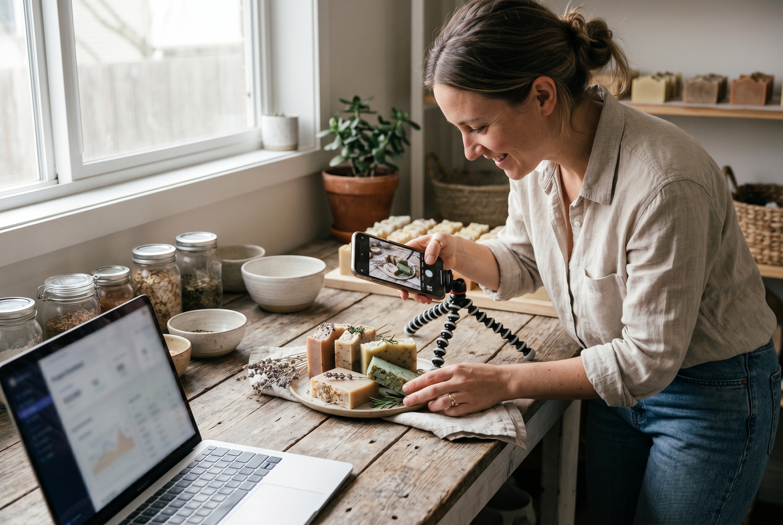 Small business owner photographing handmade soap on a wooden table near a bright window using a smartphone on a small tripod