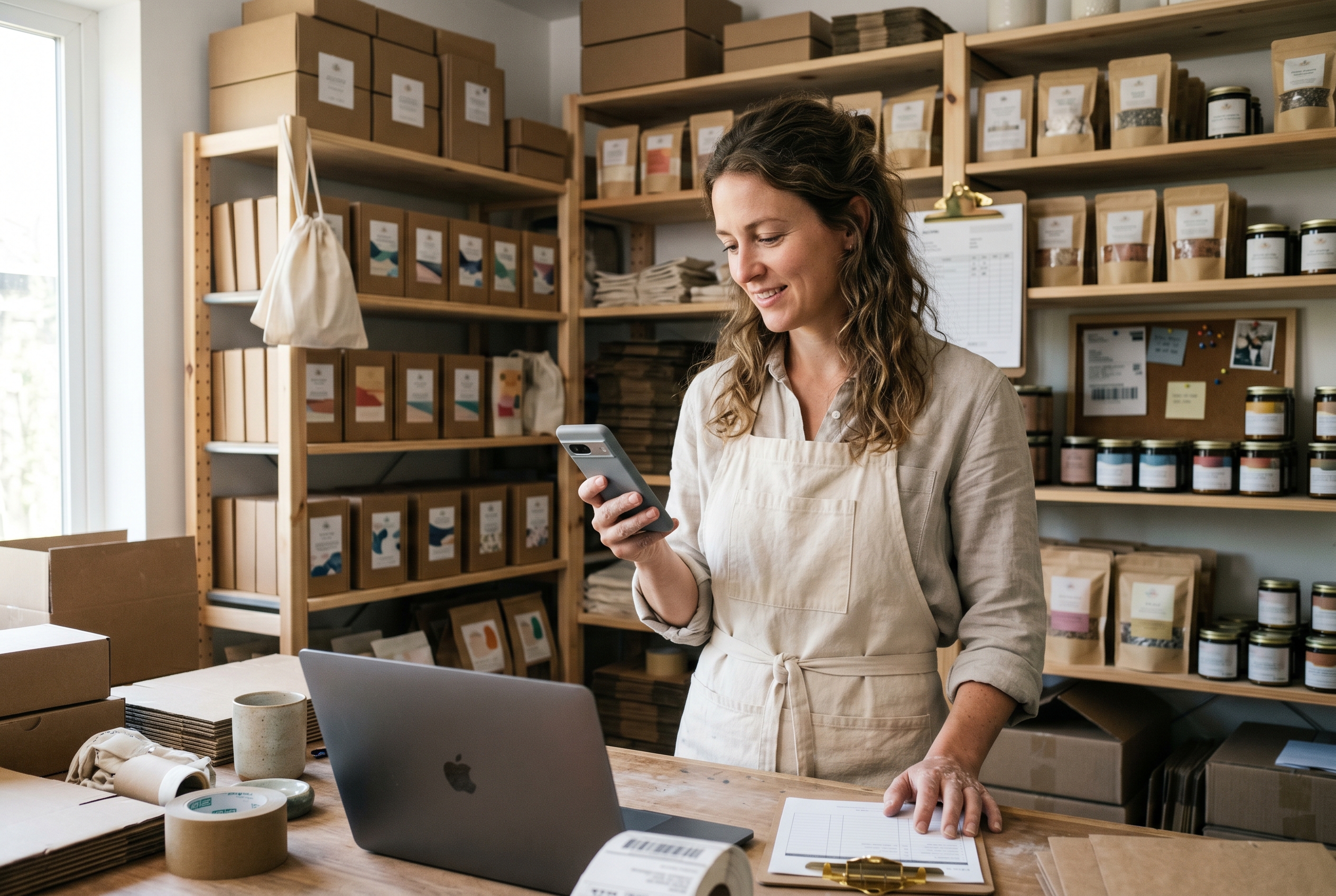 Maker checking a new order notification on her phone while standing among shelves of packaged products in a home studio