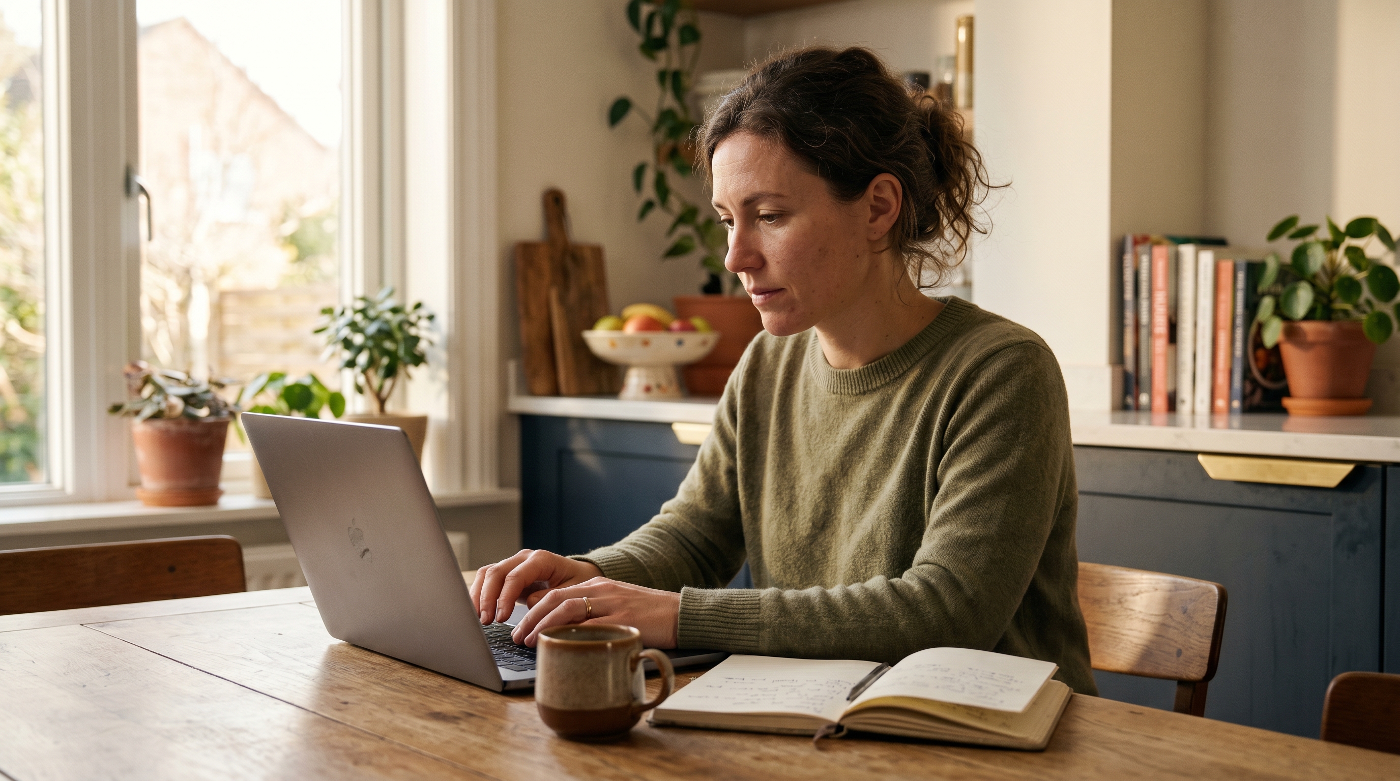 Woman working on a laptop at a kitchen table with a coffee mug and notebook in a sunlit home