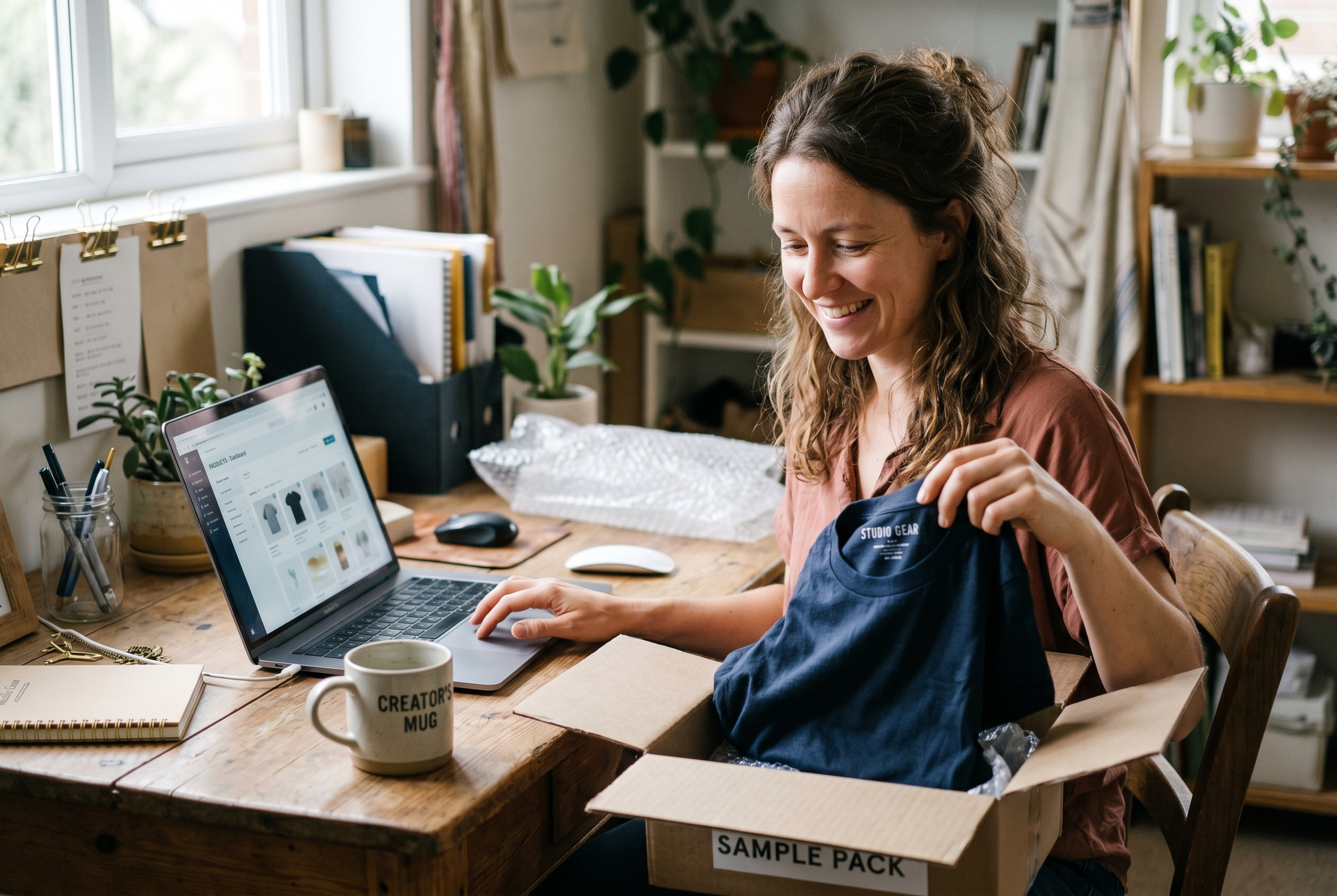 Small business owner unpacking sample t-shirts and mugs on a wooden desk with a laptop showing a product page