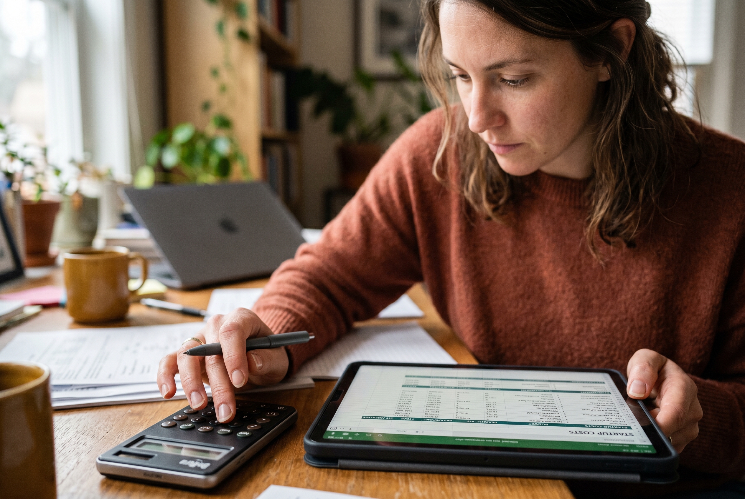 Person reviewing a spreadsheet of startup costs on a tablet at a home desk with a calculator nearby