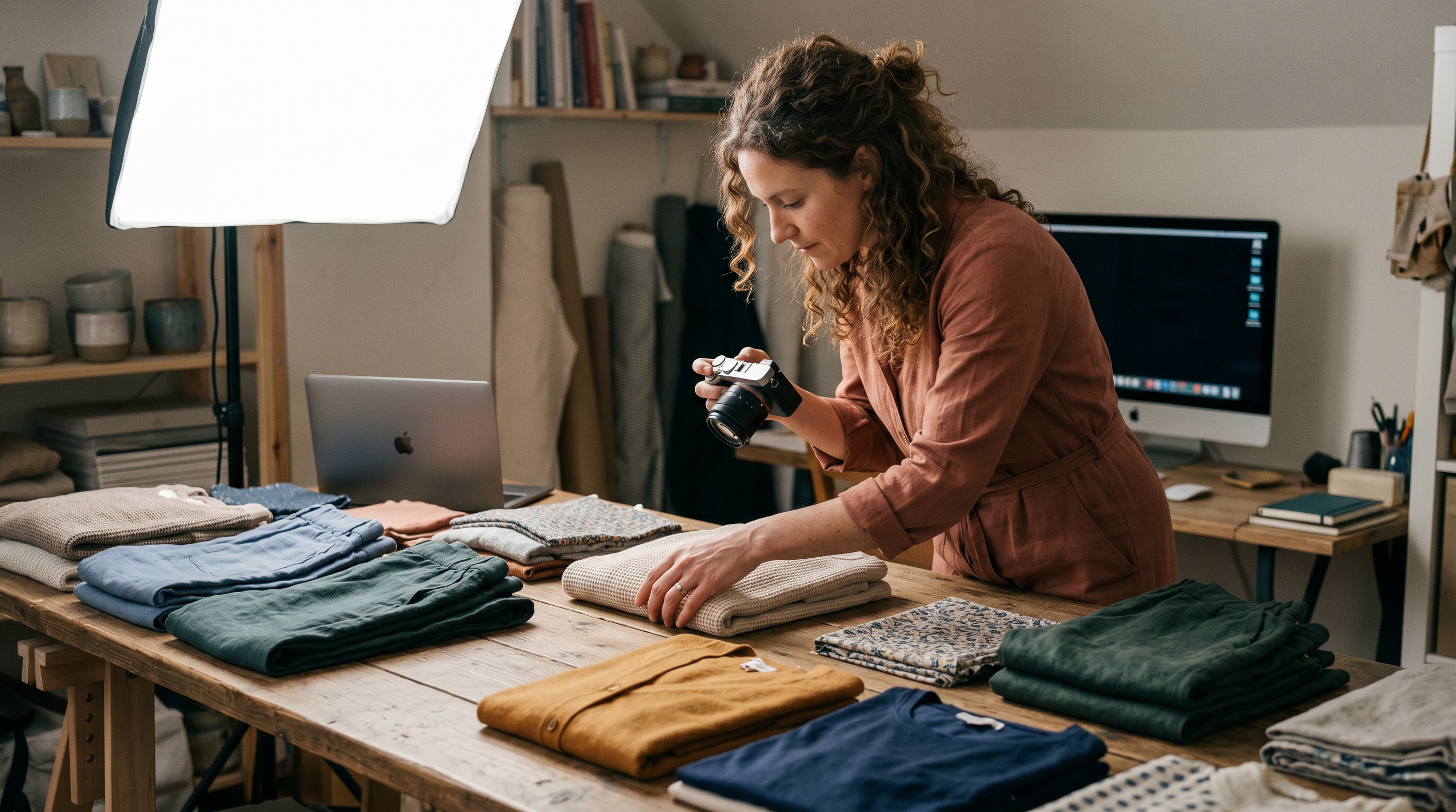 Small boutique owner photographing folded clothing samples on a wooden table under a softbox light in a home studio