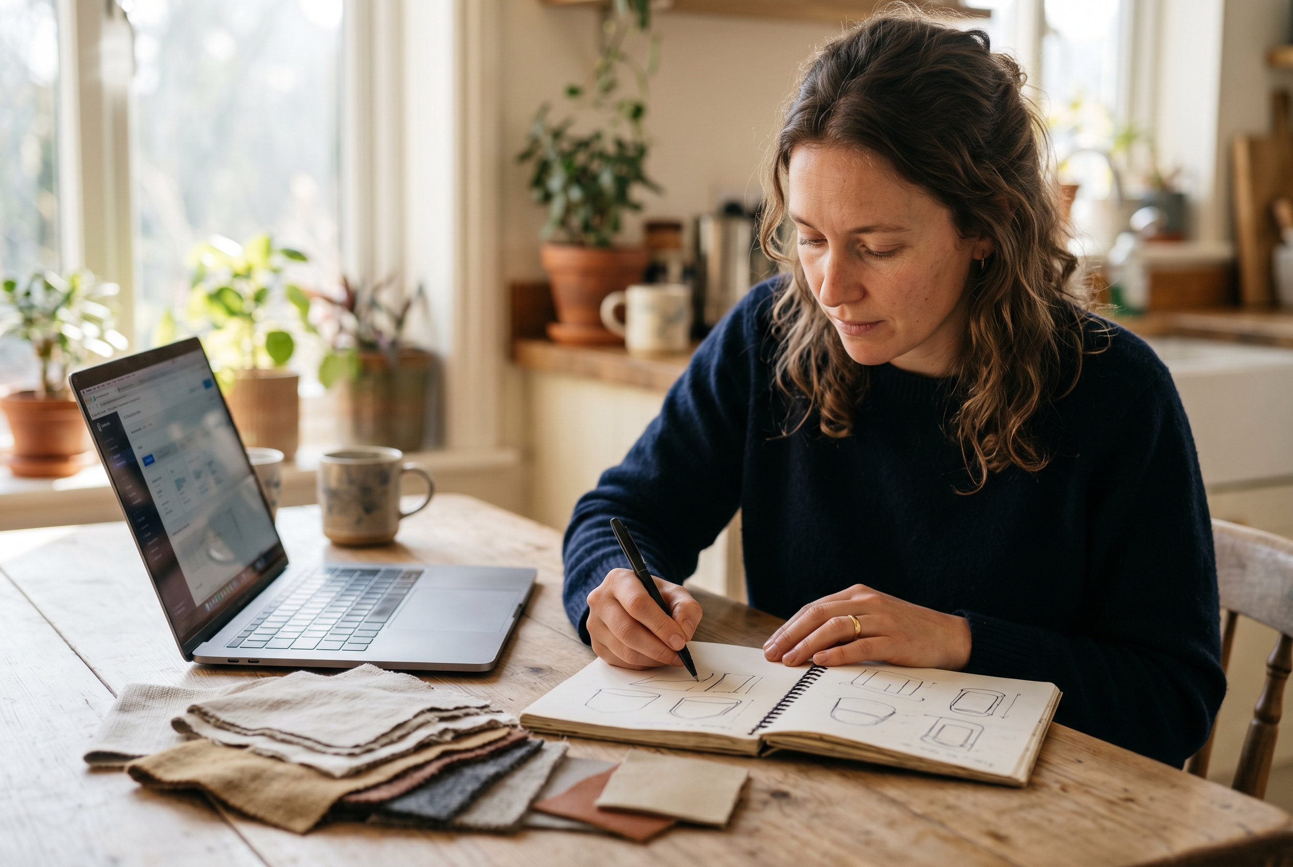 Founder sketching product designs in a notebook beside a laptop and fabric swatches at a sunlit kitchen table