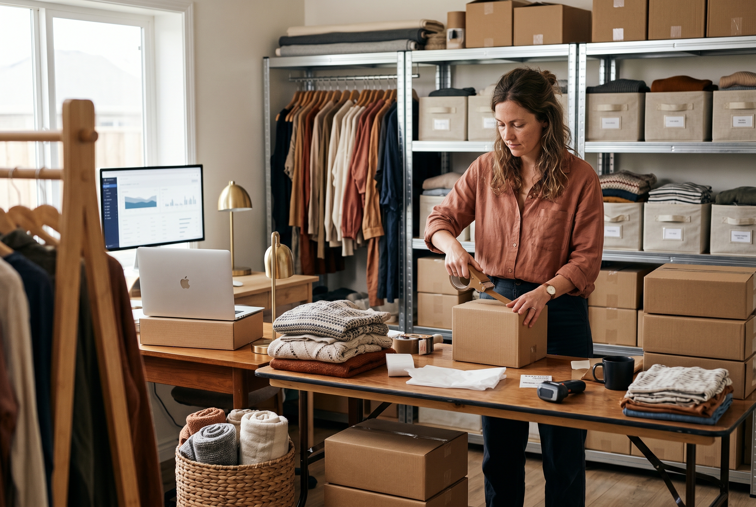 Boutique owner packing shipping boxes at a folding table surrounded by neatly stacked apparel orders in a small studio