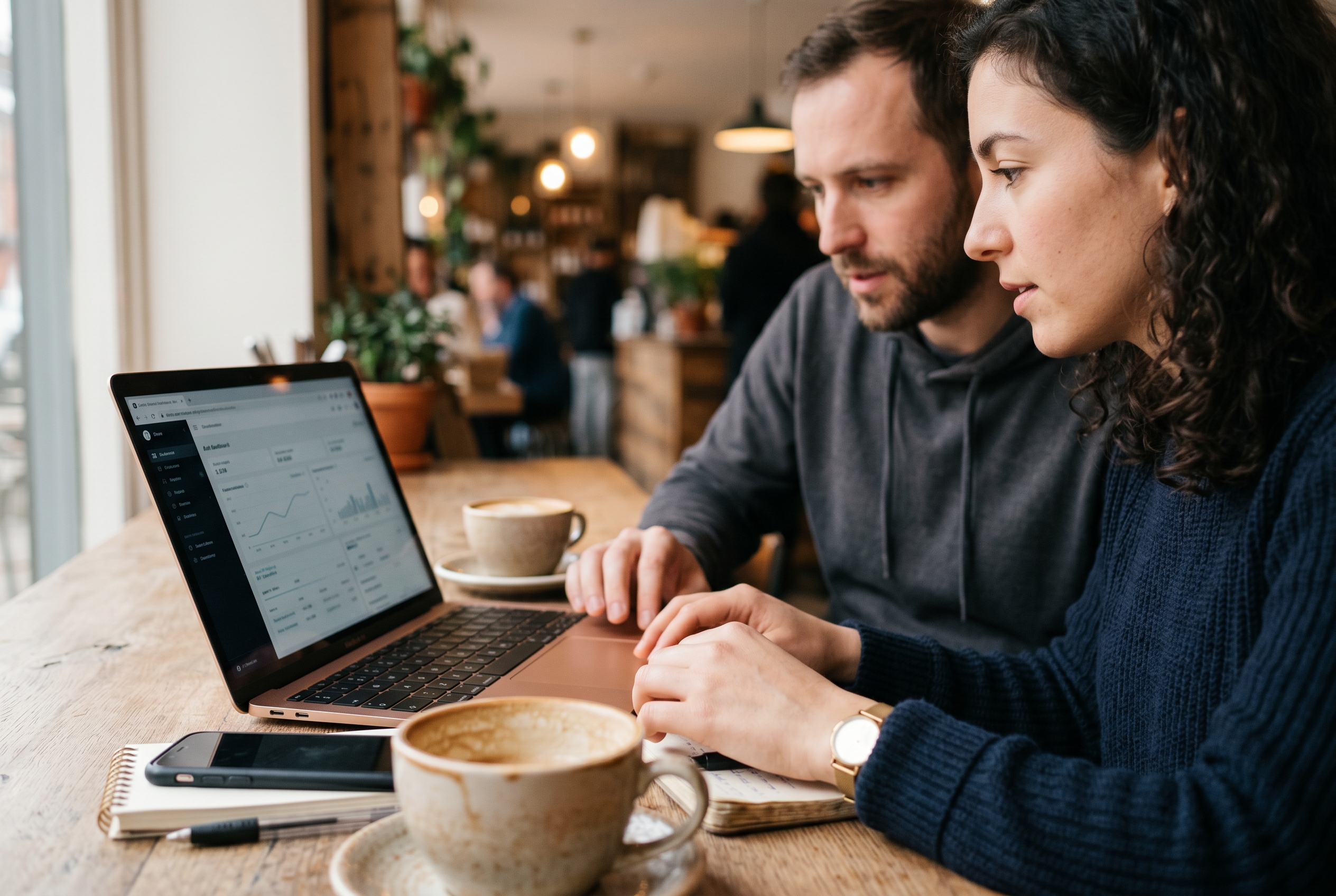 Two founders reviewing a store dashboard together on a laptop at a cafe table with coffee cups and a phone nearby