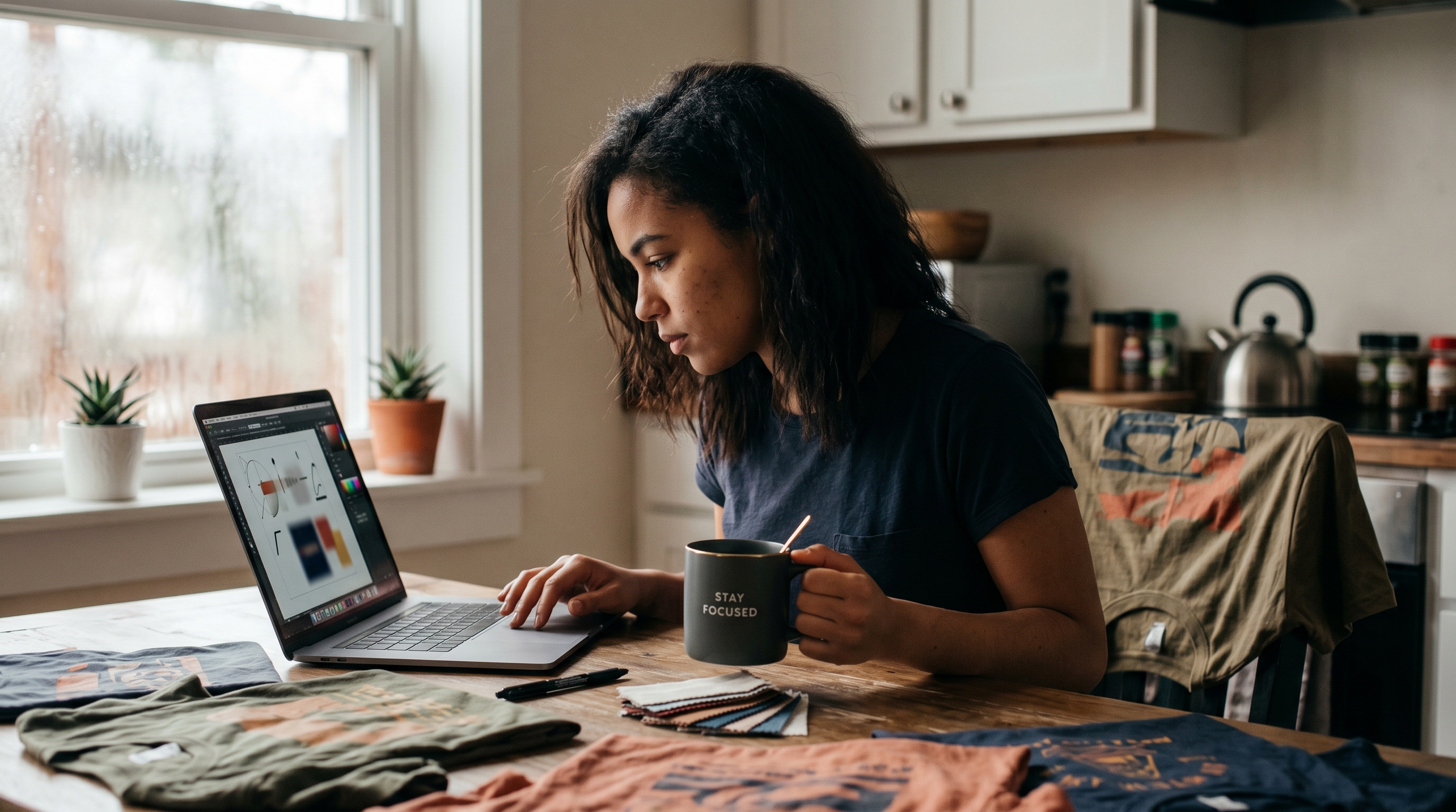 Young entrepreneur designing t-shirt graphics on a laptop at a kitchen table with a coffee mug nearby