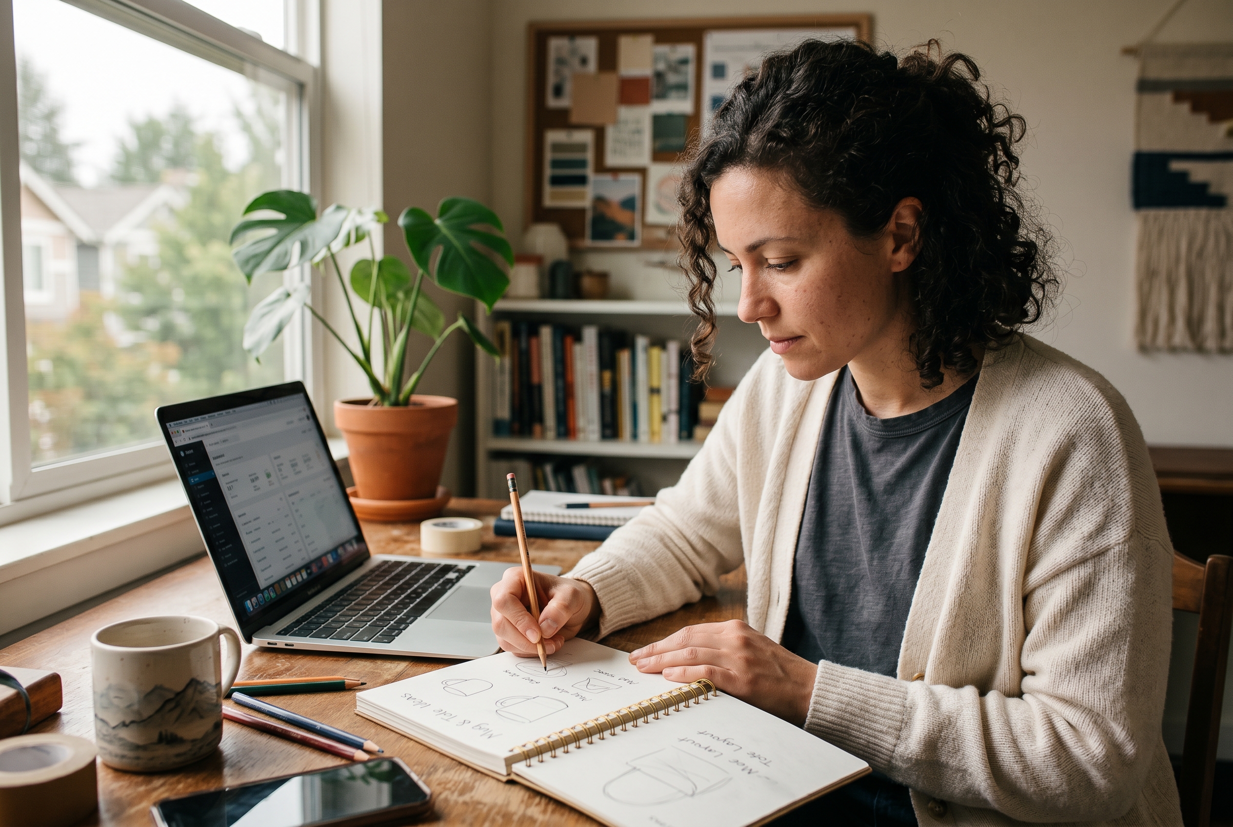 Woman sketching mug and tote bag design ideas in a notebook beside an open laptop in a bright home office