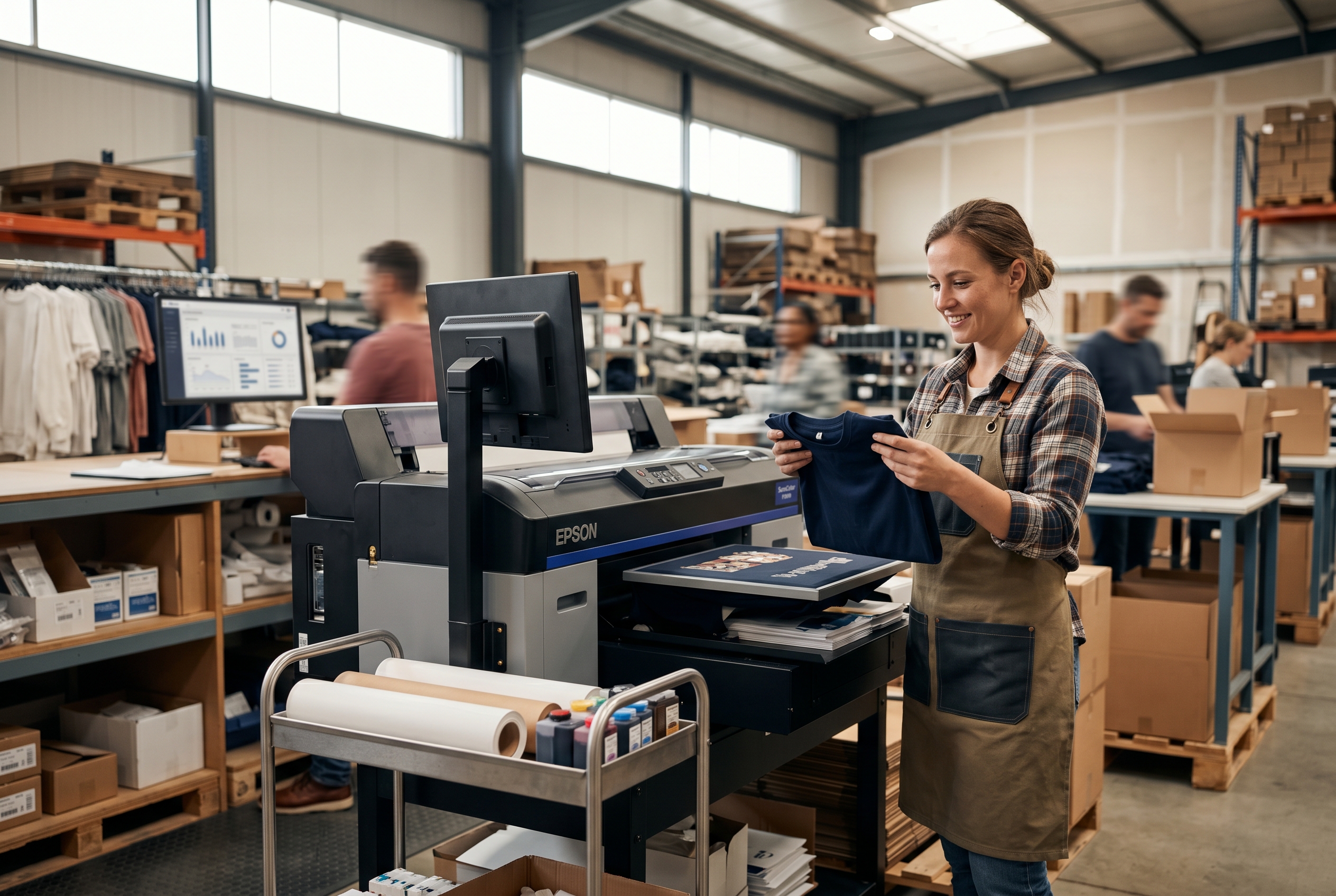 Warehouse worker holding a freshly printed folded t-shirt next to a large format printer in a fulfillment facility