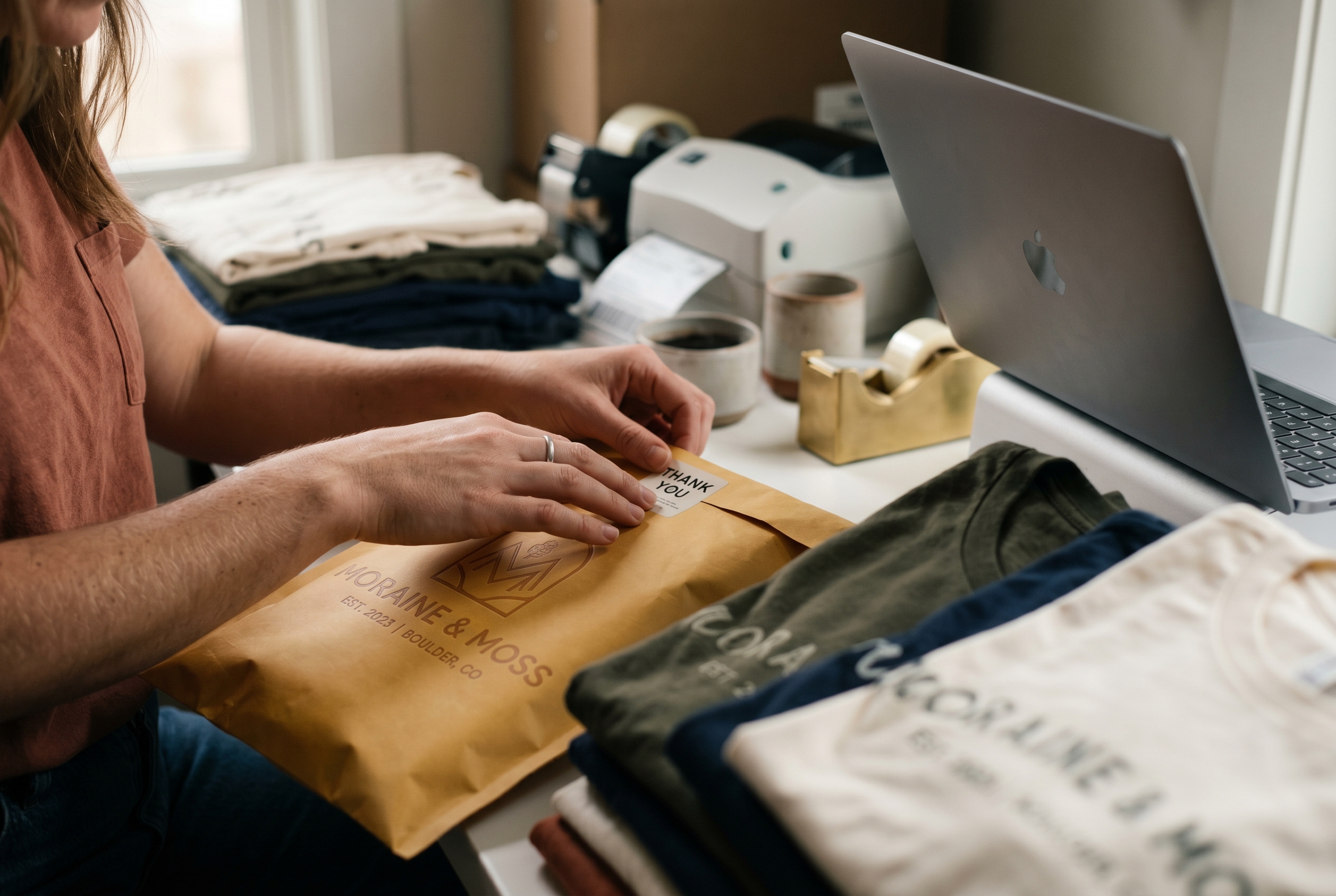 Small business owner packing branded shipping mailers at a desk surrounded by sample t-shirts and a laptop showing order numbers